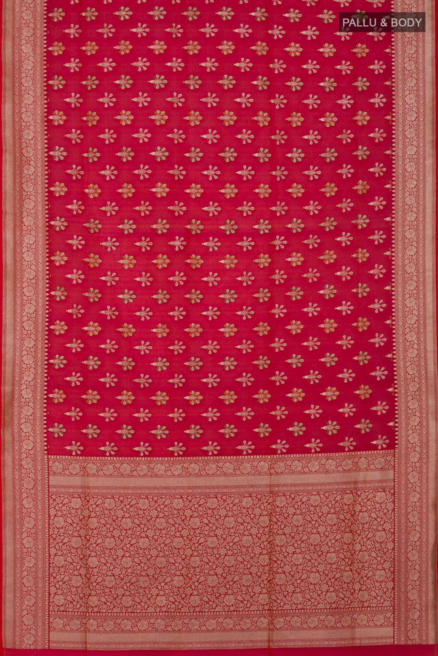 Flat view of Pink Banarasi Saree with Zari Butta on the body and Fancy Border. 