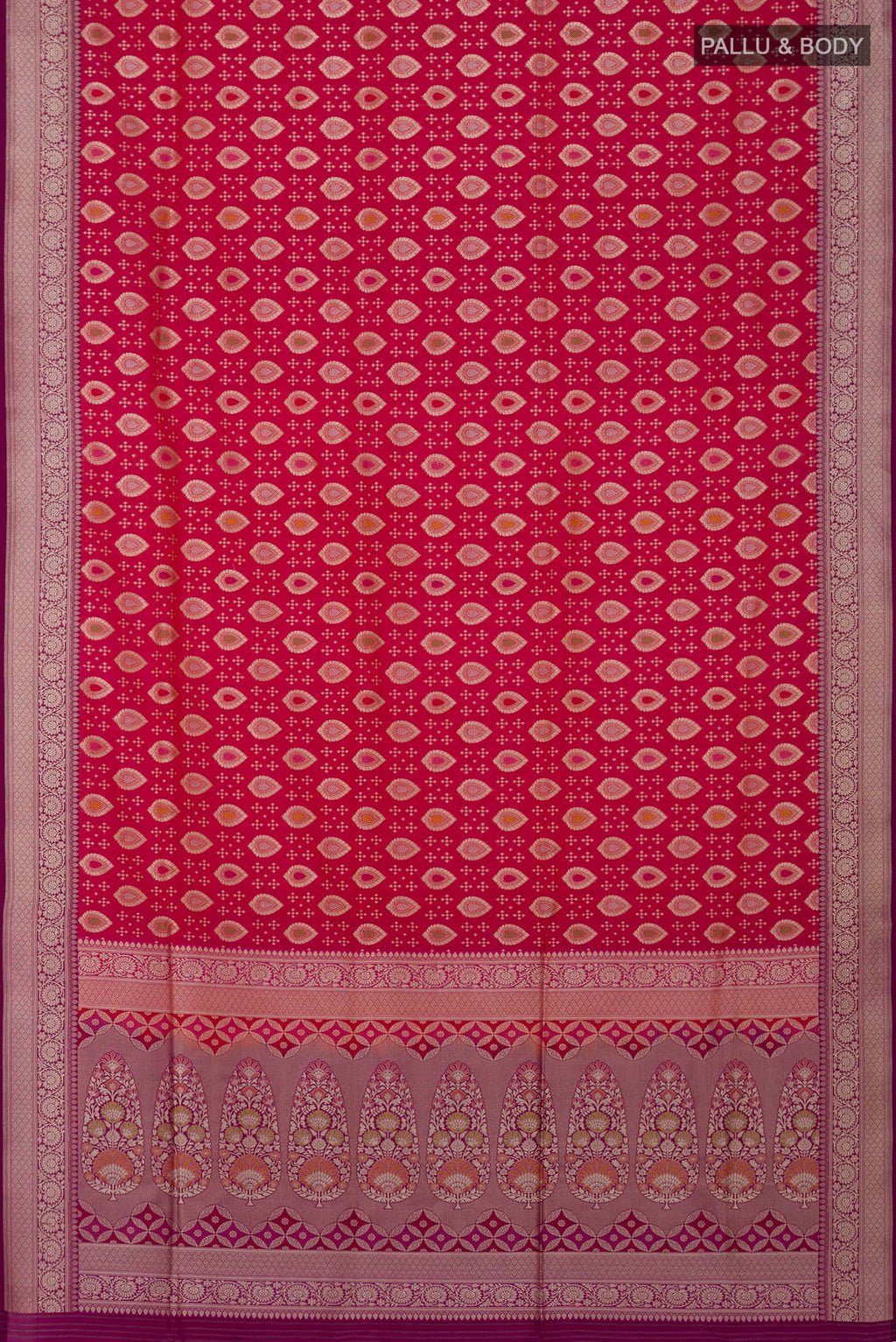 Flat view of Pink Banarasi Saree with Fancy on the body and Fancy Border. 