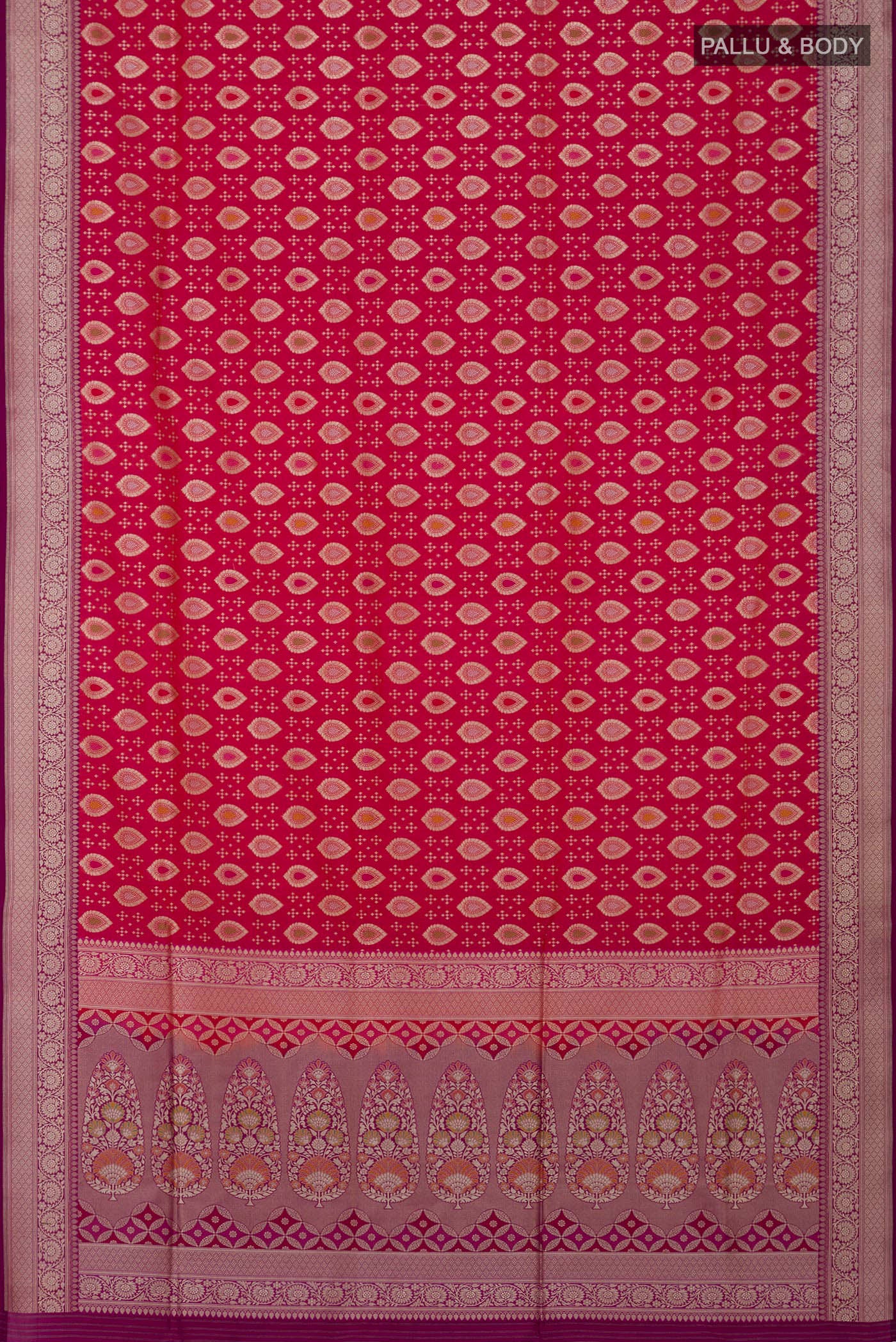 Flat view of Pink Banarasi Saree with Fancy on the body and Fancy Border. 