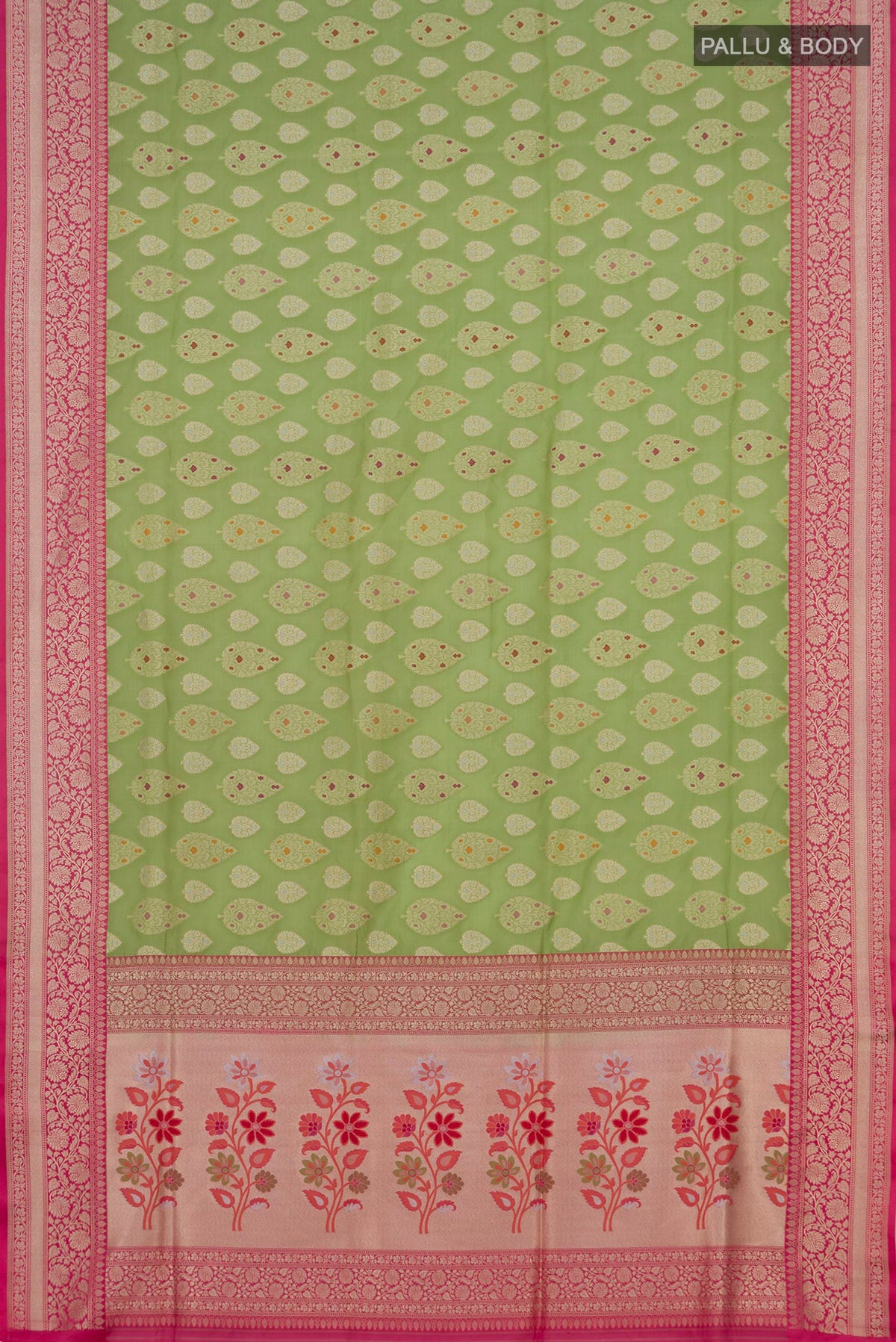 Flat view of Pure Silk Green Banarasi Saree with Zari Butta on the body and Fancy Border. 