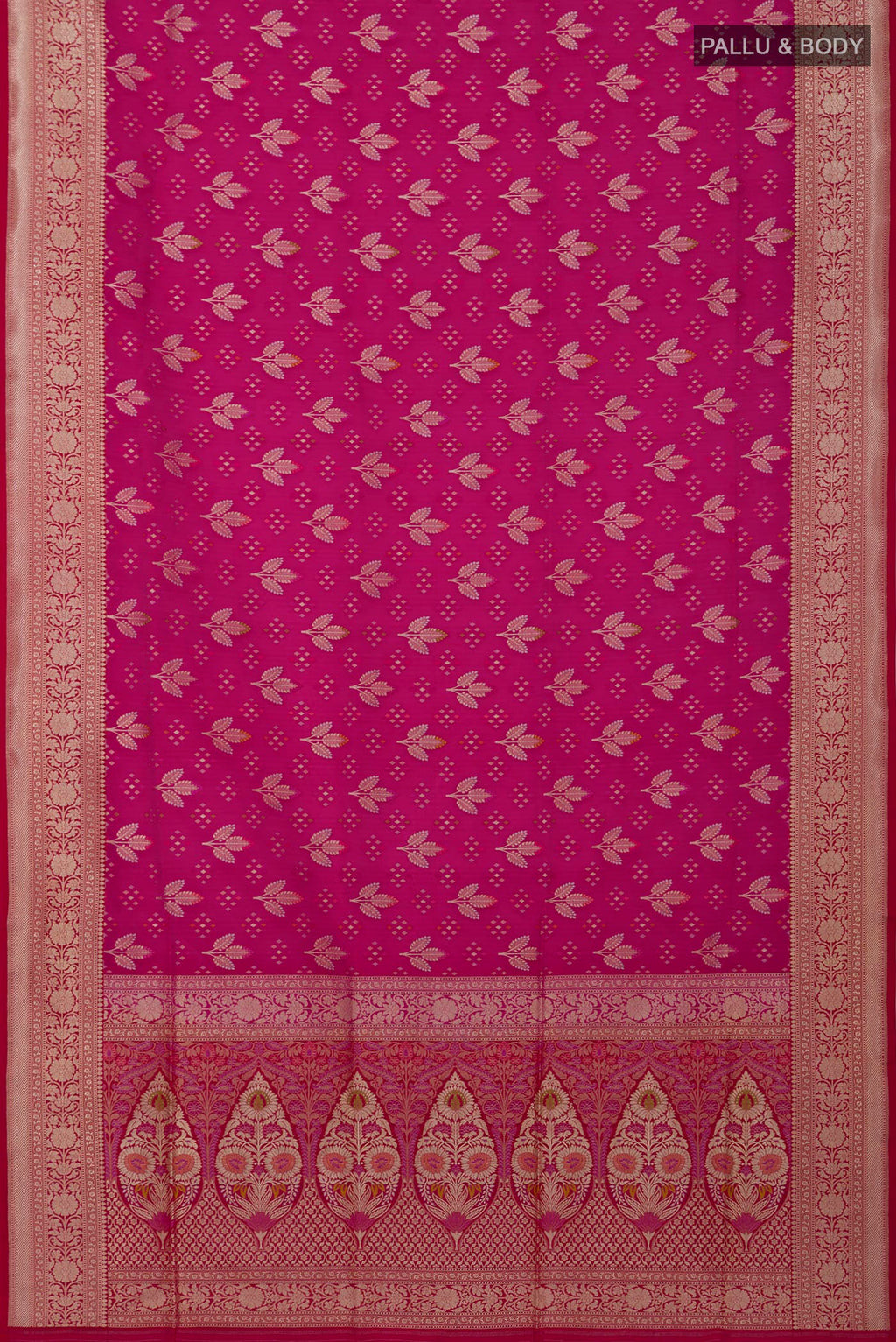 Flat view of Rani Pink Banarasi Silk Saree with Zari And Thread Butta on the body and Fancy Border. 