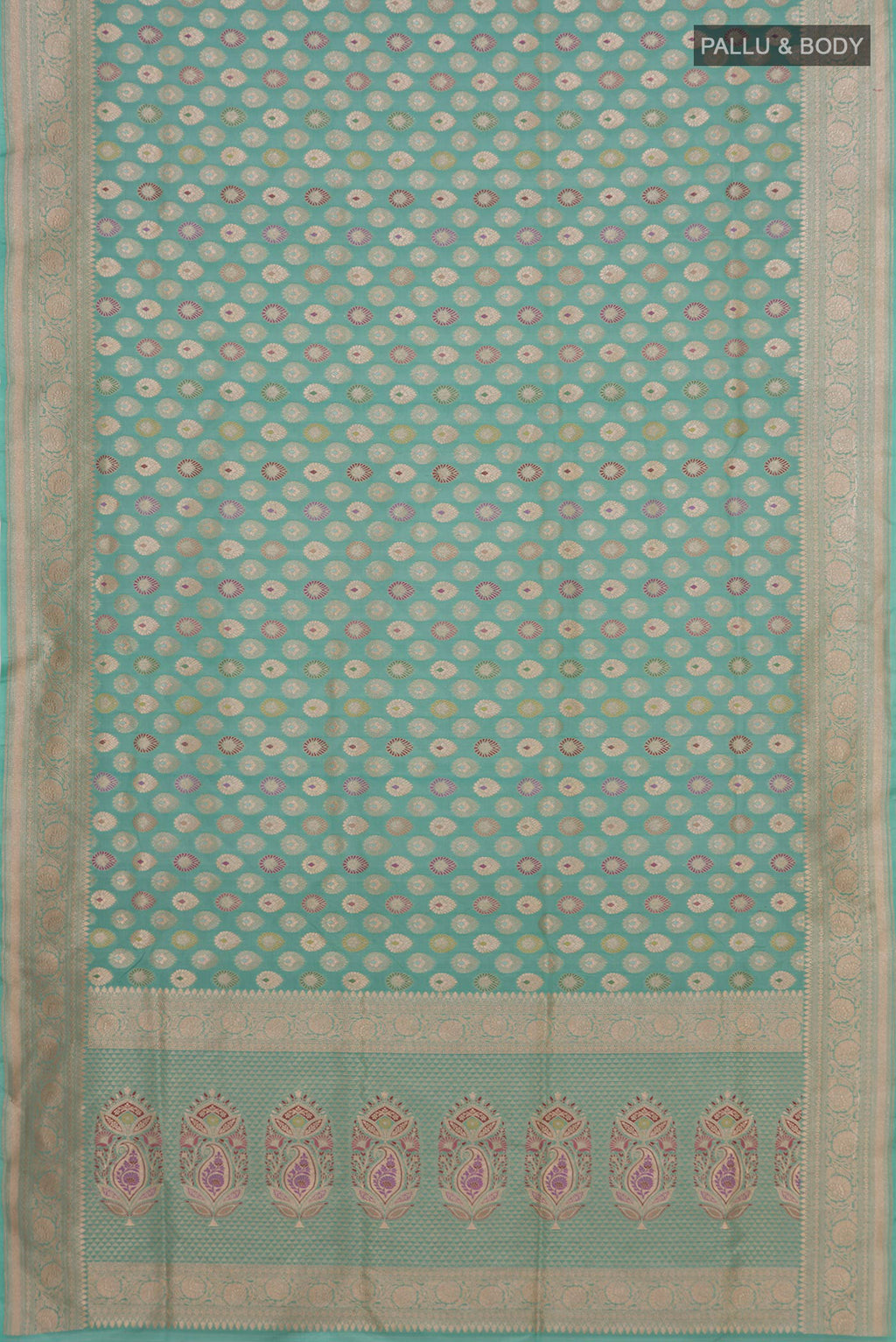Flat view of Light Blue Banarasi Silk Saree with Zari Brocade on the body and Zari Border. 