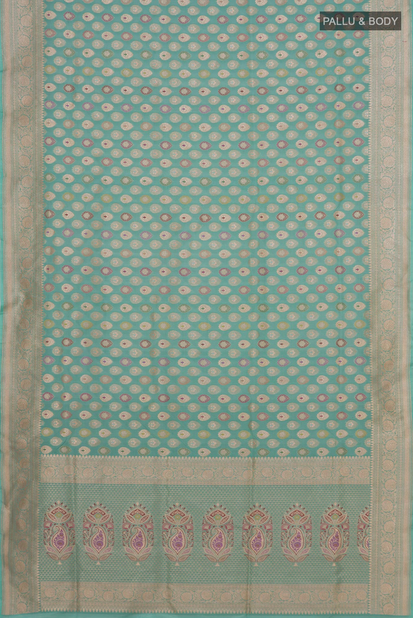Flat view of Light Blue Banarasi Silk Saree with Zari Brocade on the body and Zari Border. 