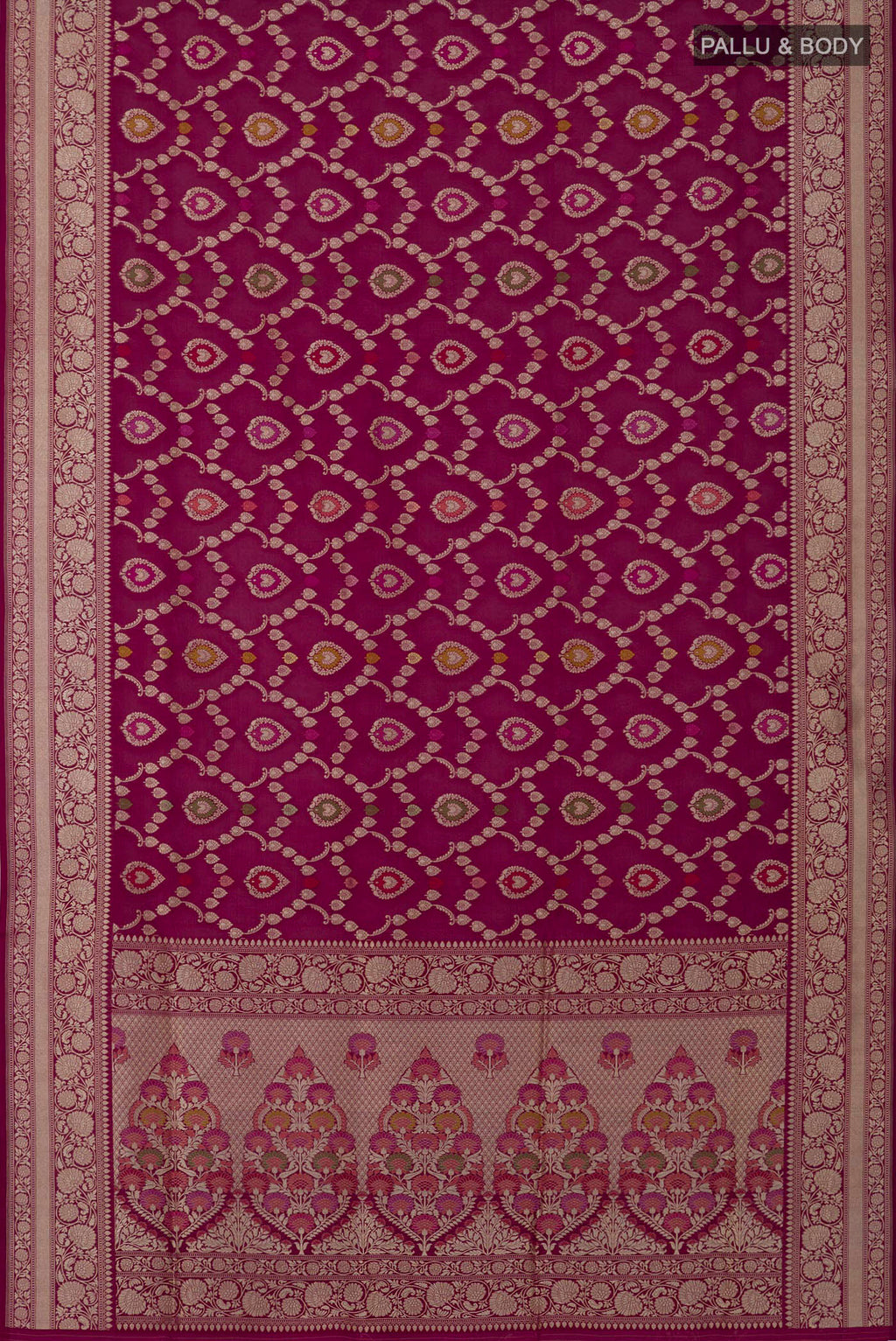 Flat view of Burgundy Banarasi Silk Saree with Zari And Thread Butta on the body and Zari Border. 