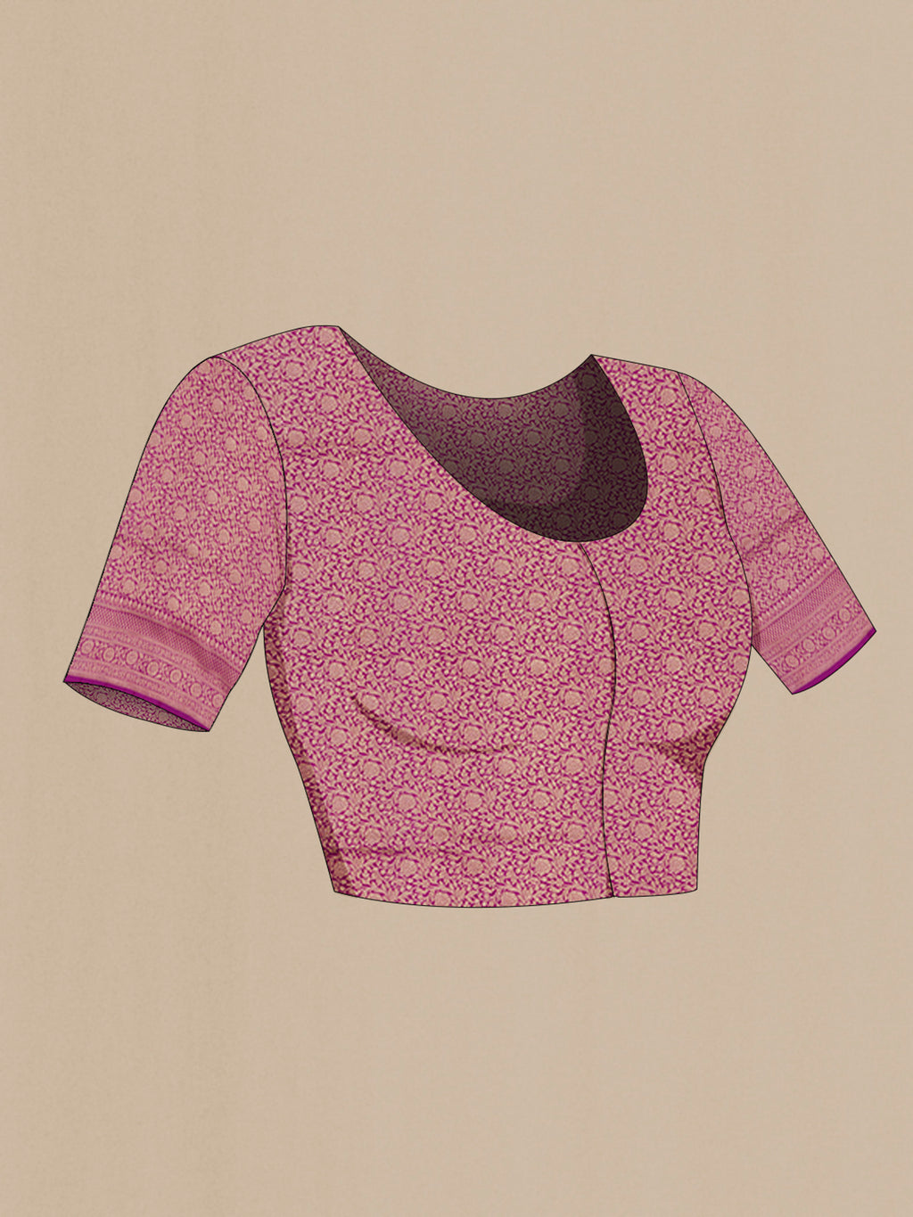 Close up image of the blouse of Magenta Banarasi Silk Saree with Zari Brocade on the body and Fancy Border. 