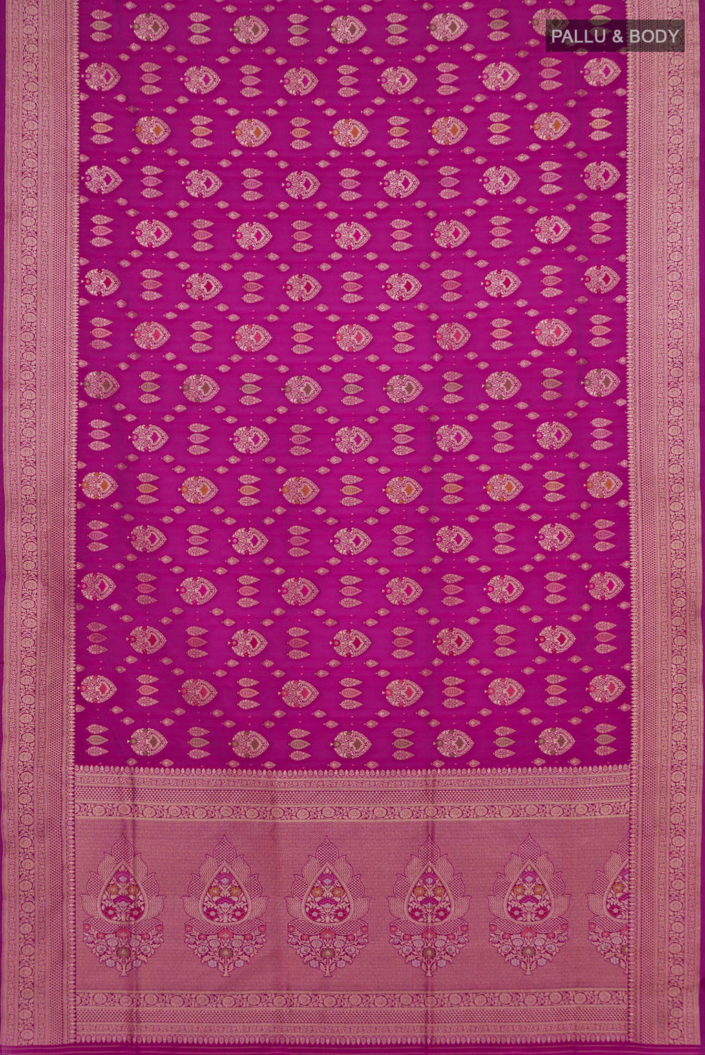 Flat view of Magenta Banarasi Silk Saree with Zari Brocade on the body and Fancy Border. 