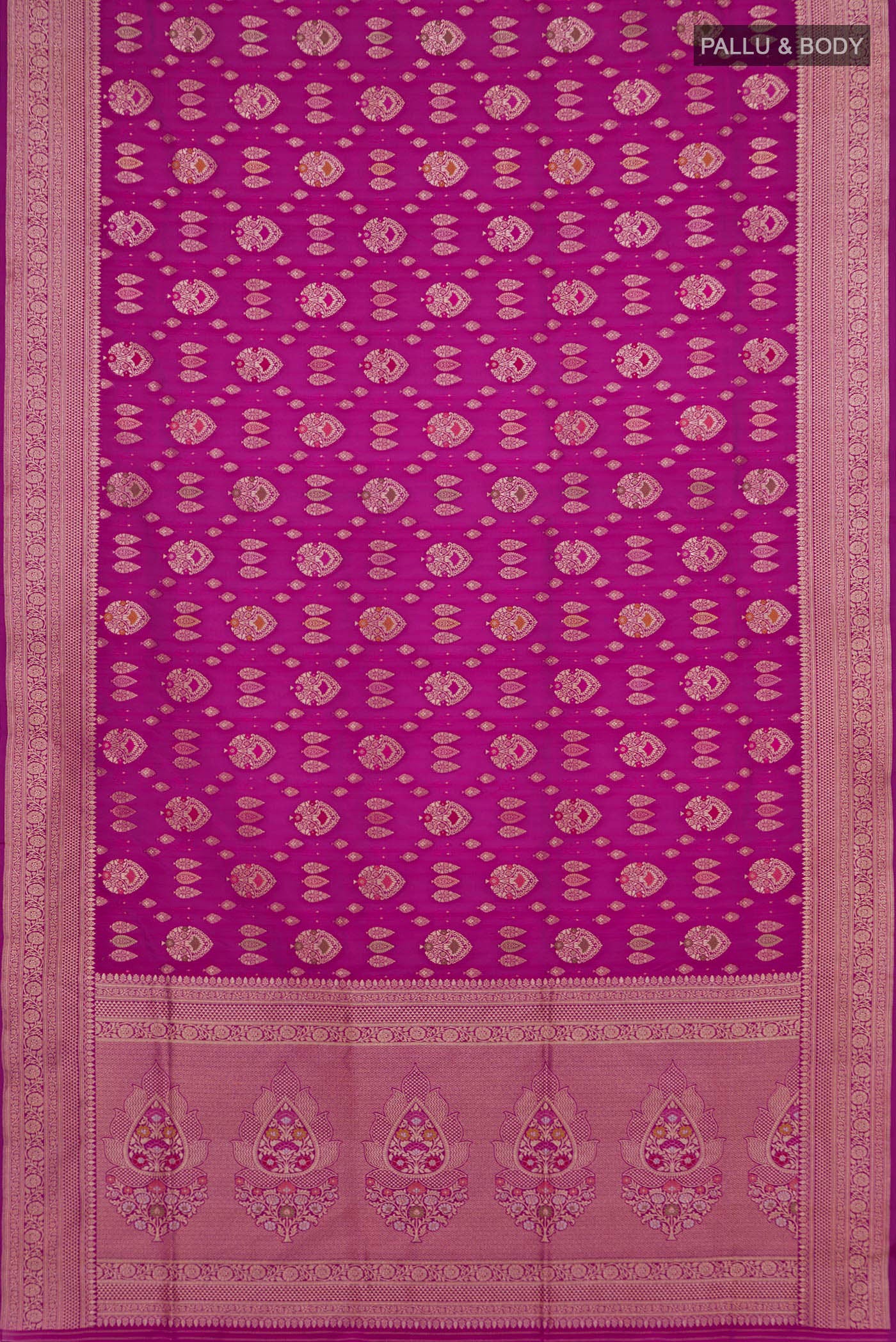 Flat view of Magenta Banarasi Silk Saree with Zari Brocade on the body and Fancy Border. 