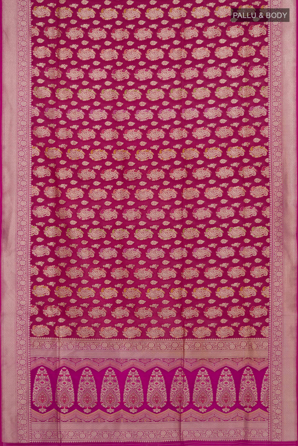 Flat view of Magenta Banarasi Silk Saree with Zari Brocade on the body and Zari Border. 