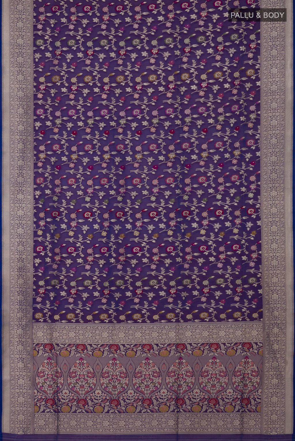 Flat view of Blue Banarasi Saree with Fancy on the body and Fancy Border. 