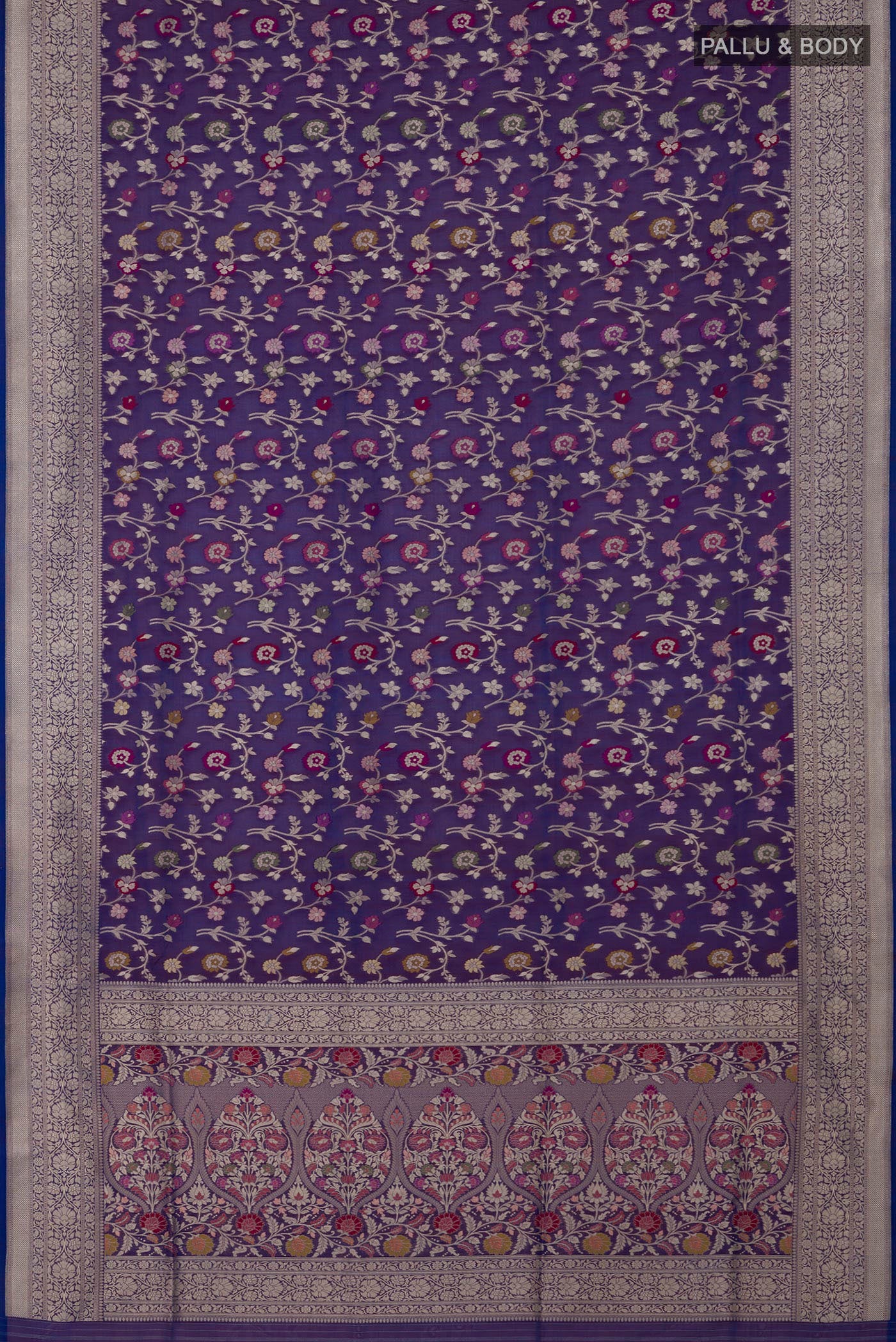 Flat view of Blue Banarasi Saree with Fancy on the body and Fancy Border. 