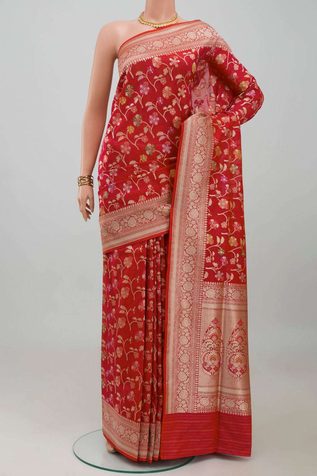 Red Banarasi Silk Saree with Zari Brocade on the body and Zari Border.  displayed on a mannequin