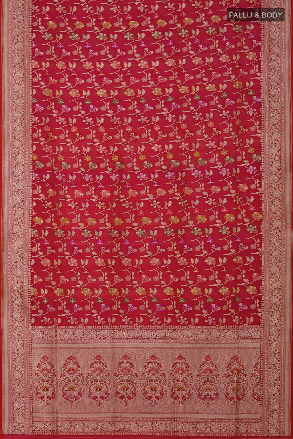 Flat view of Red Banarasi Silk Saree with Zari Brocade on the body and Zari Border. 