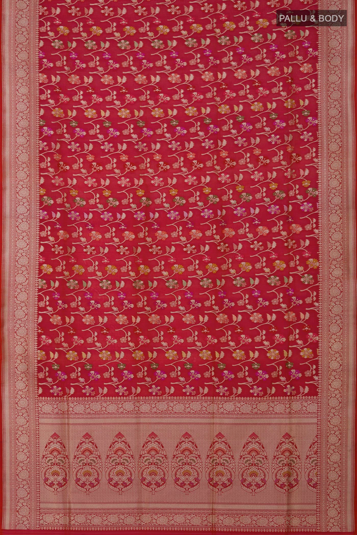 Flat view of Red Banarasi Silk Saree with Zari Brocade on the body and Zari Border. 