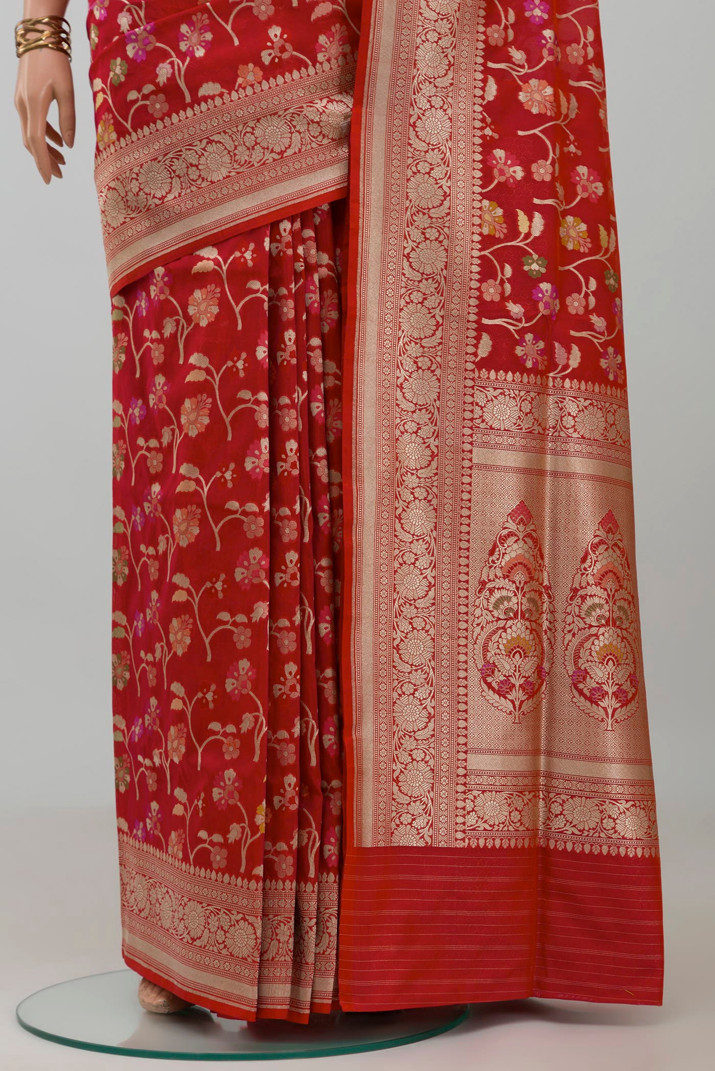 Pleats and pallu of Red Banarasi Silk Saree with Zari Brocade on the body and Zari Border. 