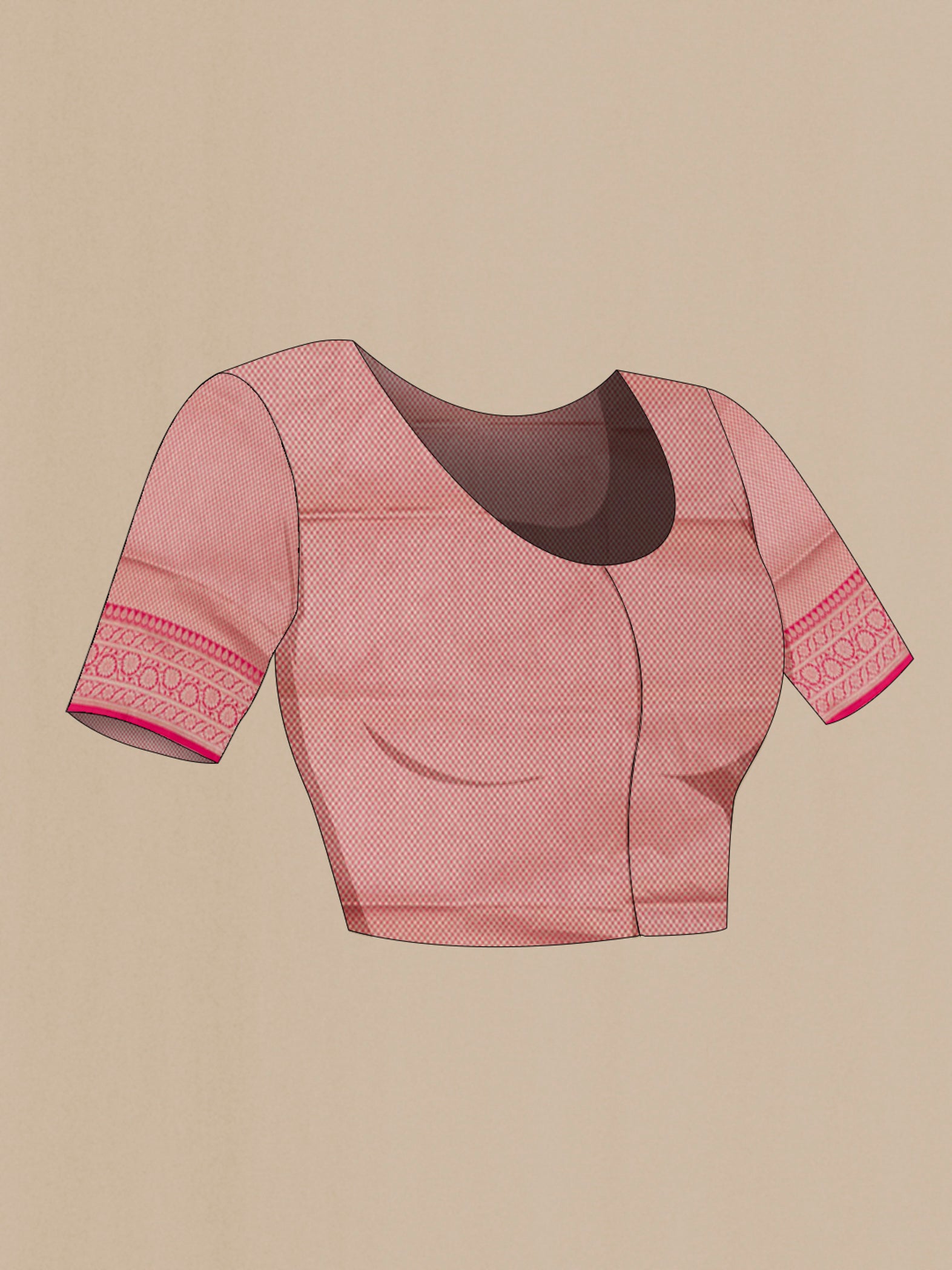 Close up image of the blouse of Peach Banarasi Saree with Fancy on the body and Fancy Border. 