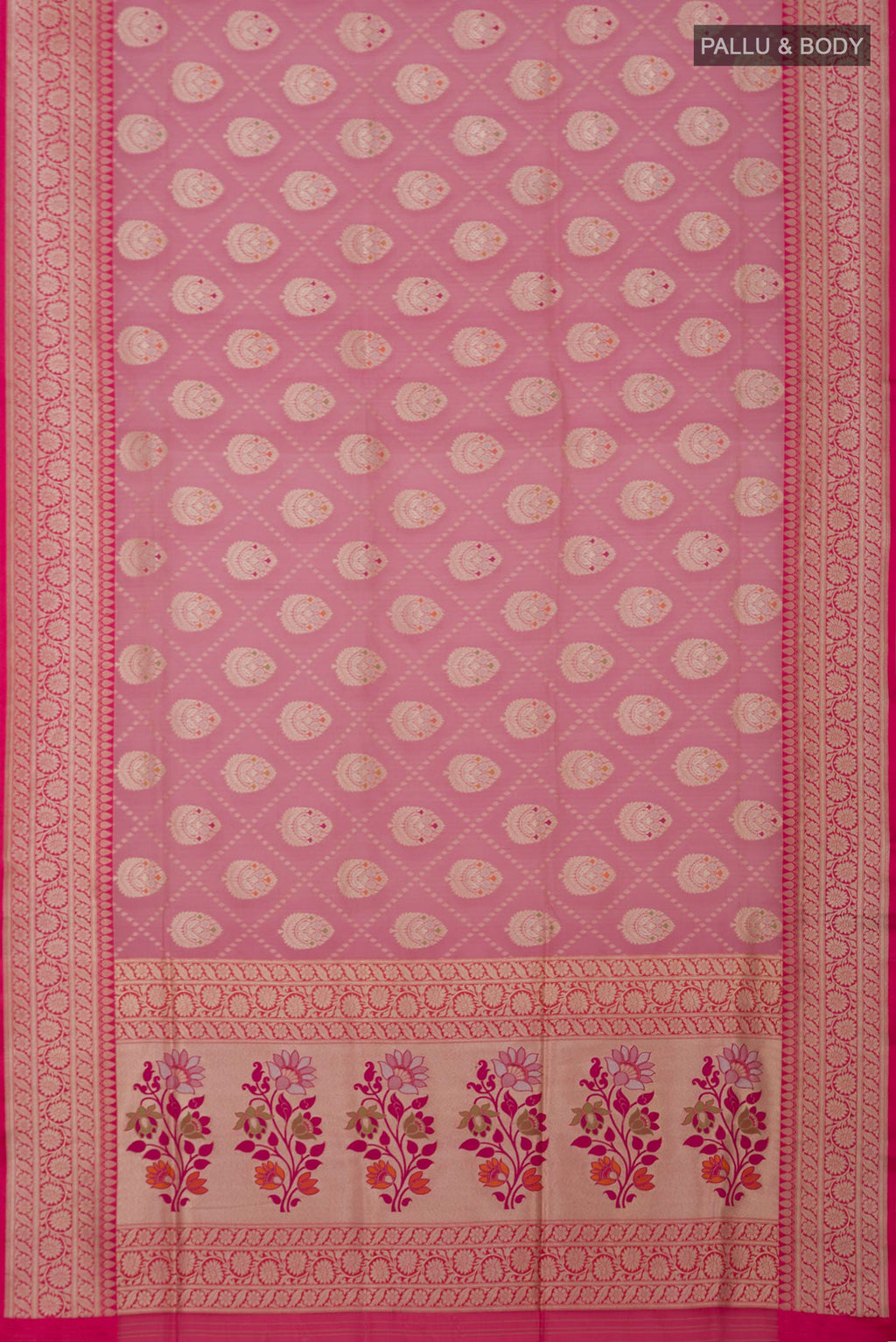 Flat view of Peach Banarasi Saree with Fancy on the body and Fancy Border. 