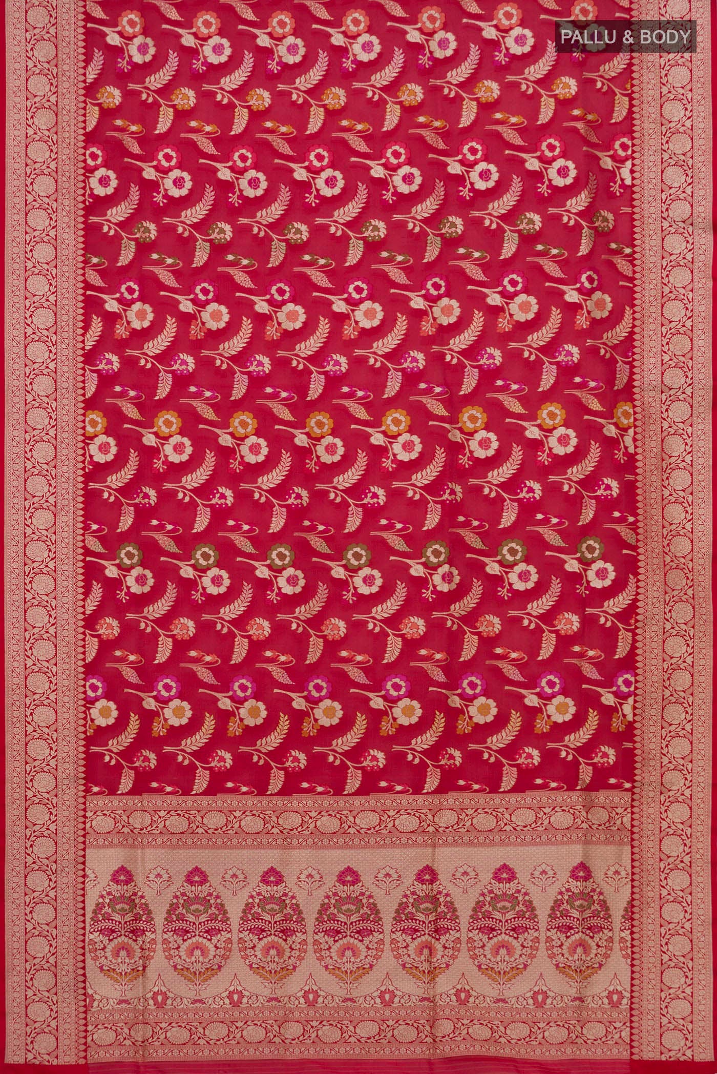Flat view of Red Banarasi Silk Saree with Zari And Thread Butta on the body and Fancy Border. 