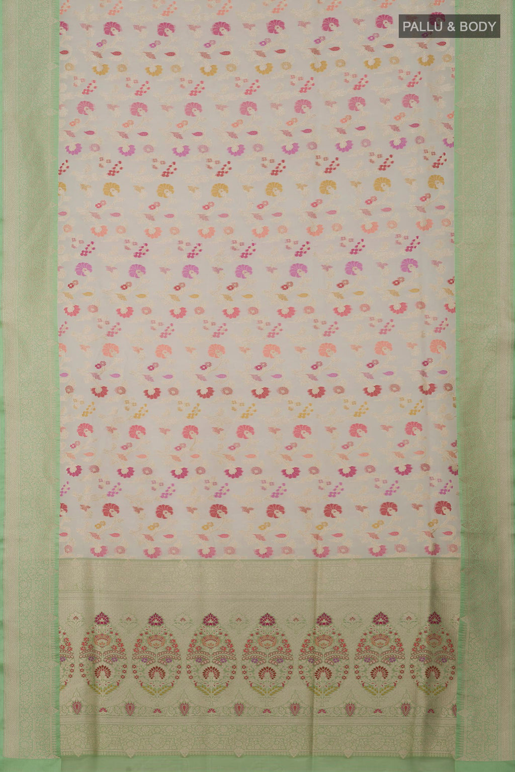 Flat view of Cream Banarasi Silk Saree with Zari And Thread Butta on the body and Zari Border. 