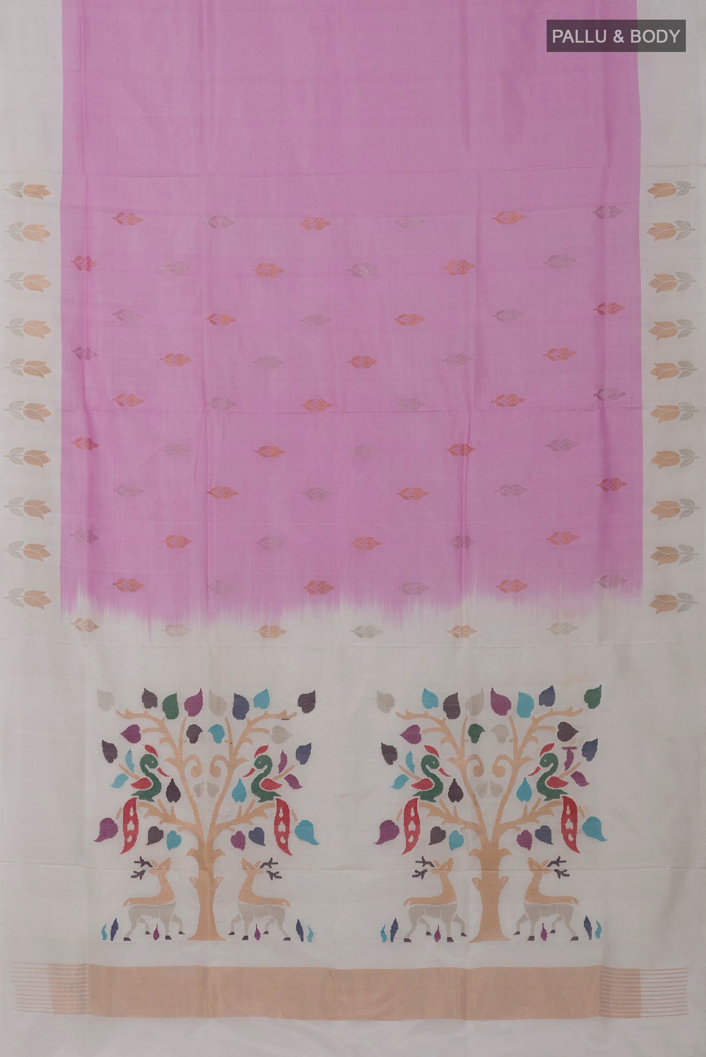 Flat view of Rose pink Uppada Silk Saree with Zari Butta on the body and Fancy Border. 