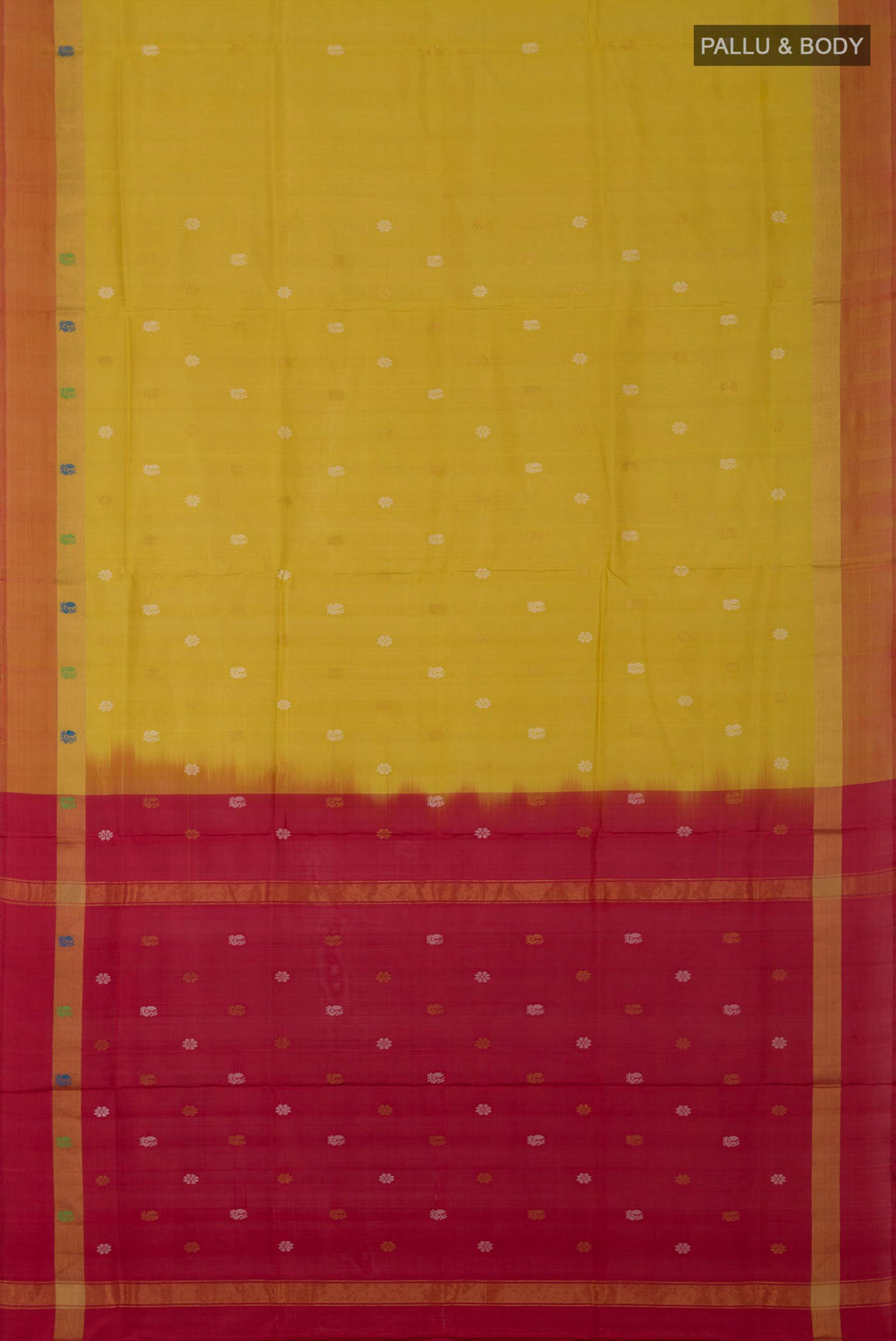 Flat view of Yellow Uppada Silk Saree with Zari And Thread Butta on the body and Fancy Border. 