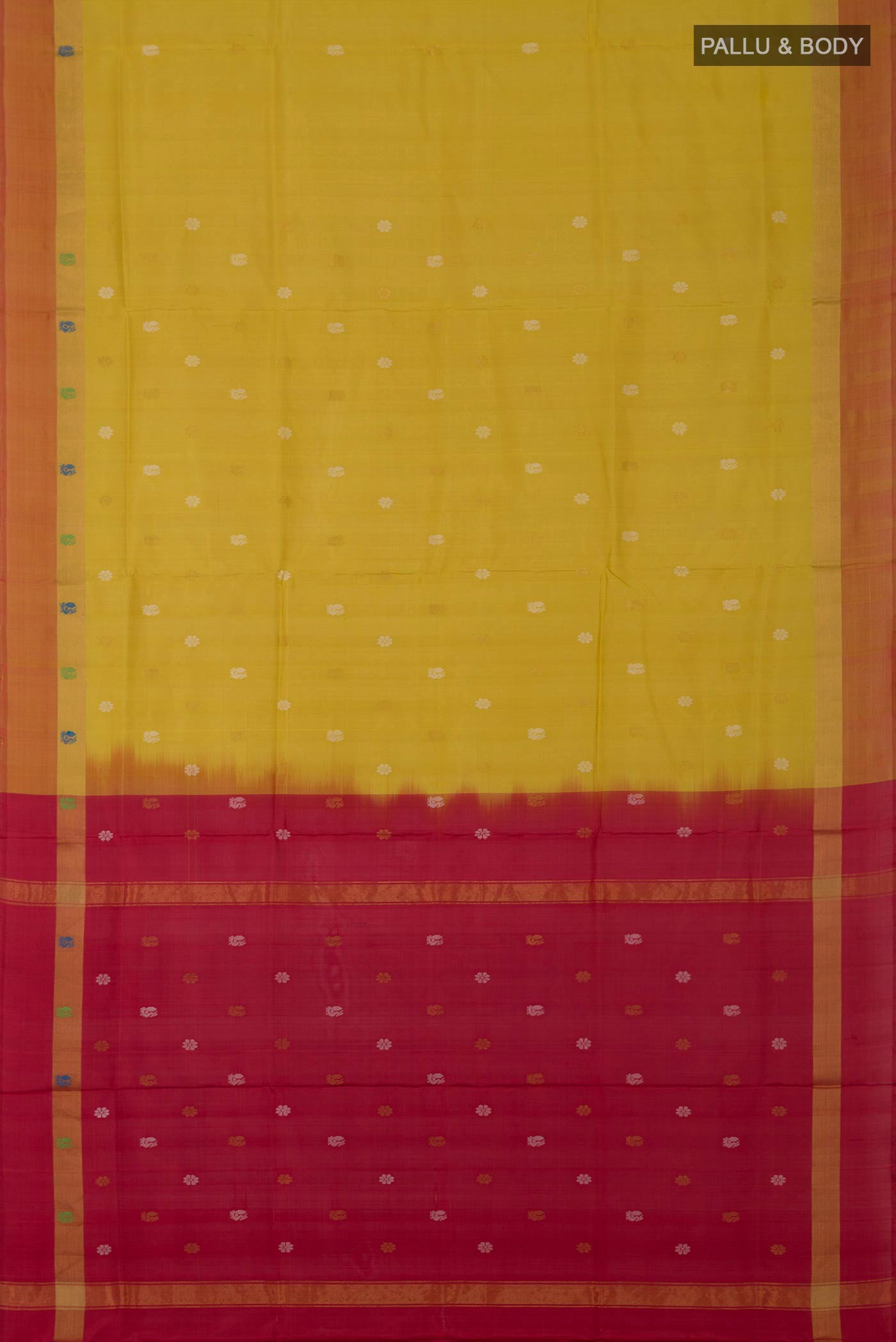 Flat view of Yellow Uppada Silk Saree with Zari And Thread Butta on the body and Fancy Border. 