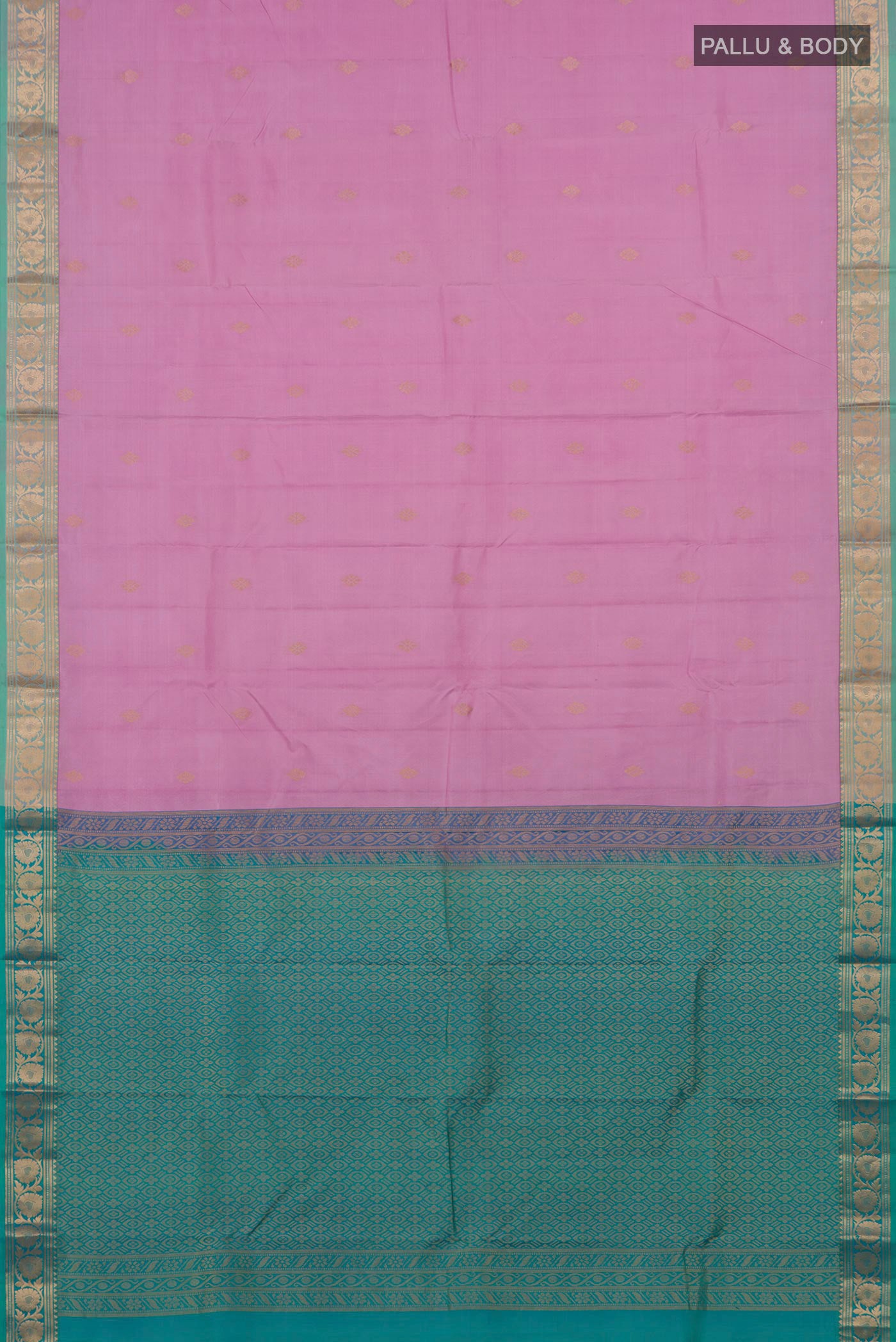 Flat view of Lavender Kanchipuram Silk Saree with Zari Butta on the body and Zari Border. 