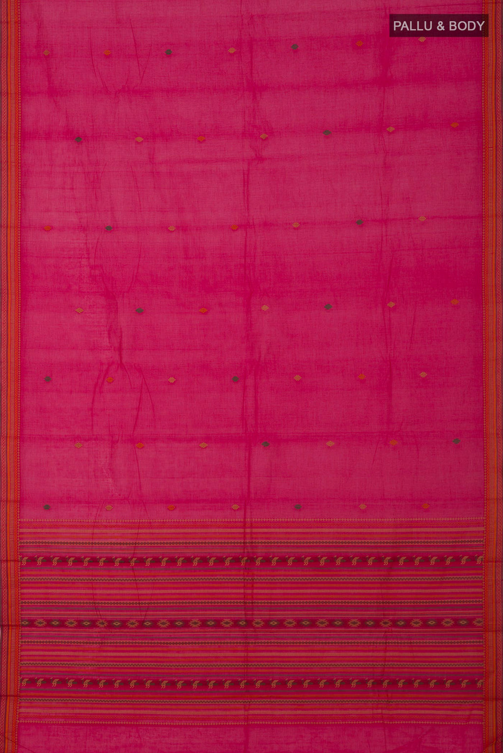 Flat view of Pink Kanchi Cotton Saree with Thread Butta on the body and Thread Border. 