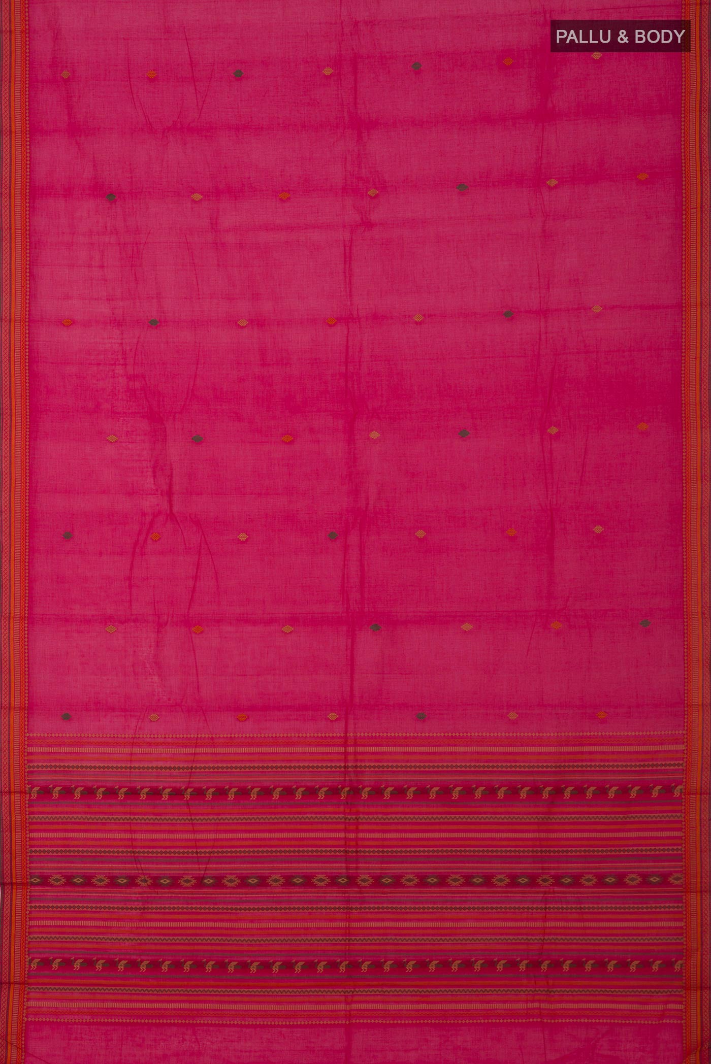 Flat view of Pink Kanchi Cotton Saree with Thread Butta on the body and Thread Border. 