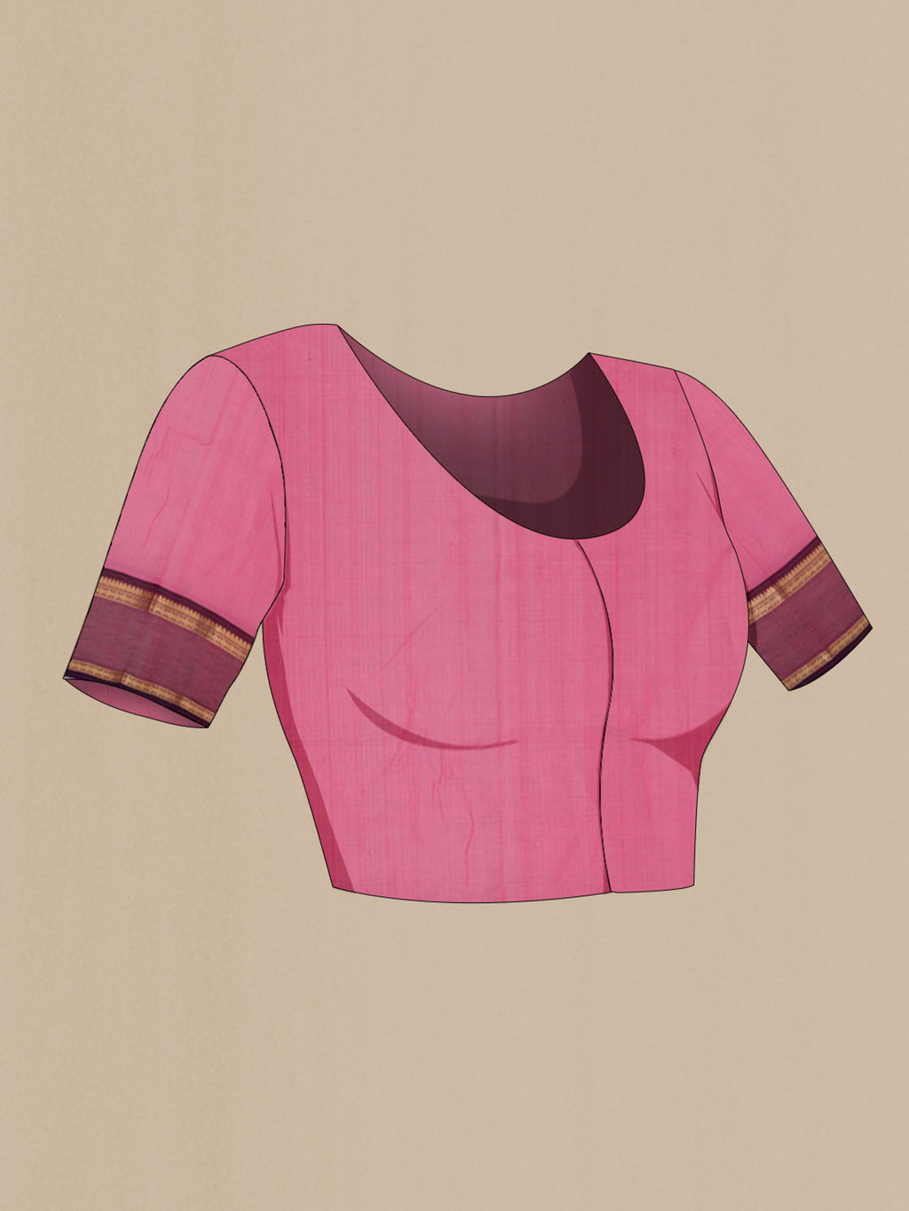 Close up image of the blouse of Pink Silk Cotton Saree with Checked design on the body and Zari Border. 