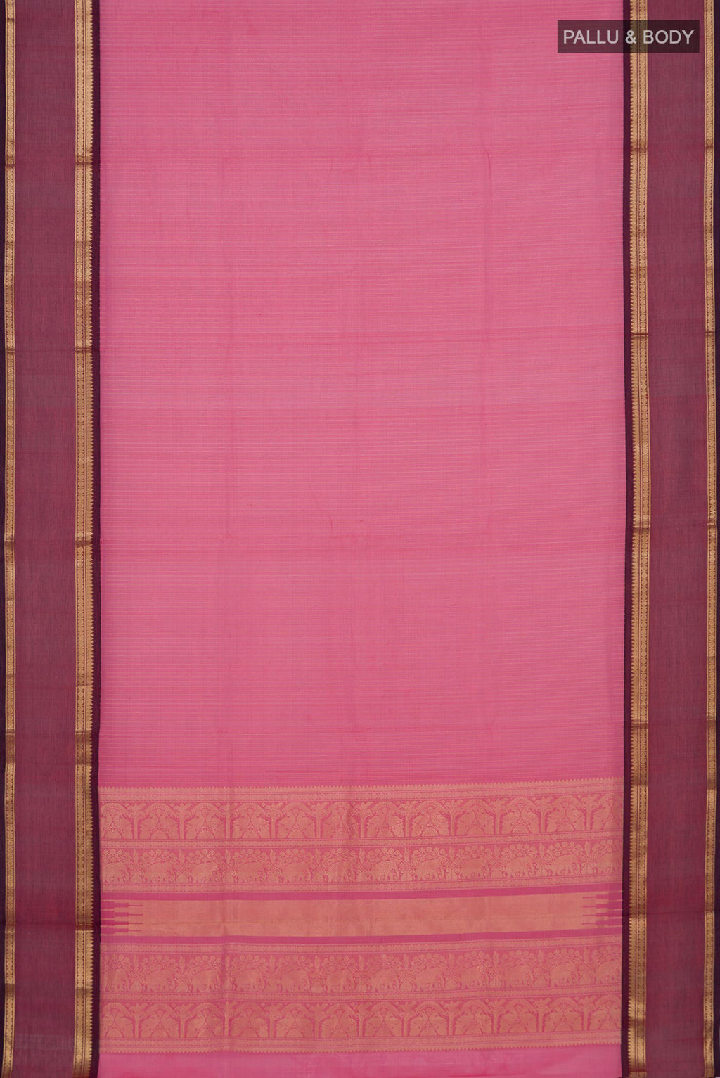 Flat view of Pink Silk Cotton Saree with Checked design on the body and Zari Border. 