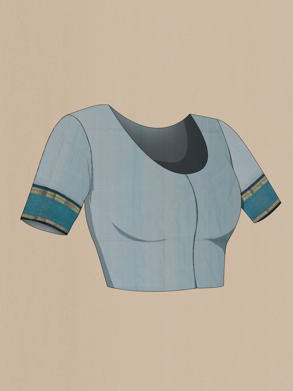 Close up image of the blouse of Light Blue Silk Cotton Saree with Stripes on the body and Zari Border. 