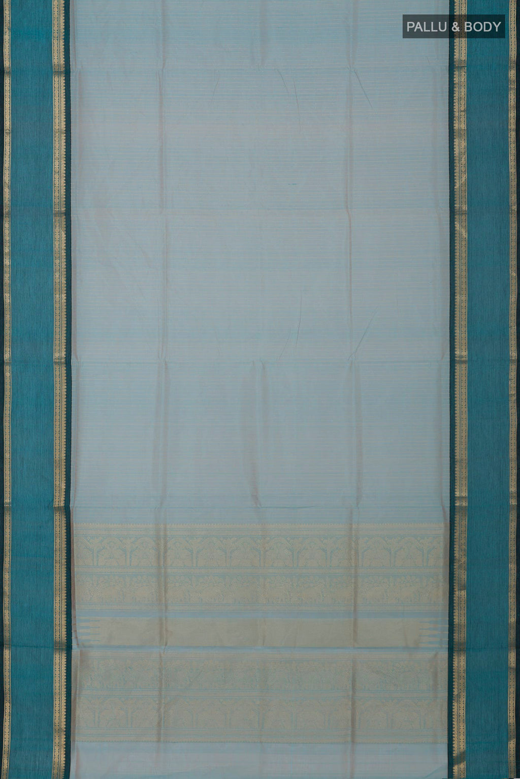 Flat view of Light Blue Silk Cotton Saree with Stripes on the body and Zari Border. 