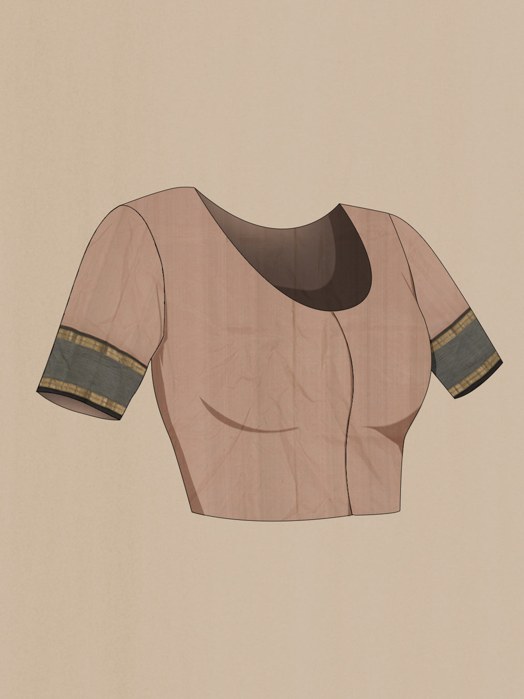 Close up image of the blouse of Beige Silk Cotton Saree with Zari Butta on the body and Zari Border. 