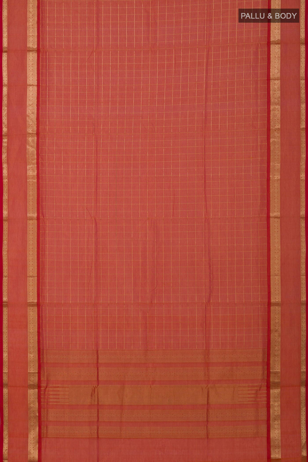 Flat view of Orange Silk Cotton Saree with Checked design on the body and Zari Border. 