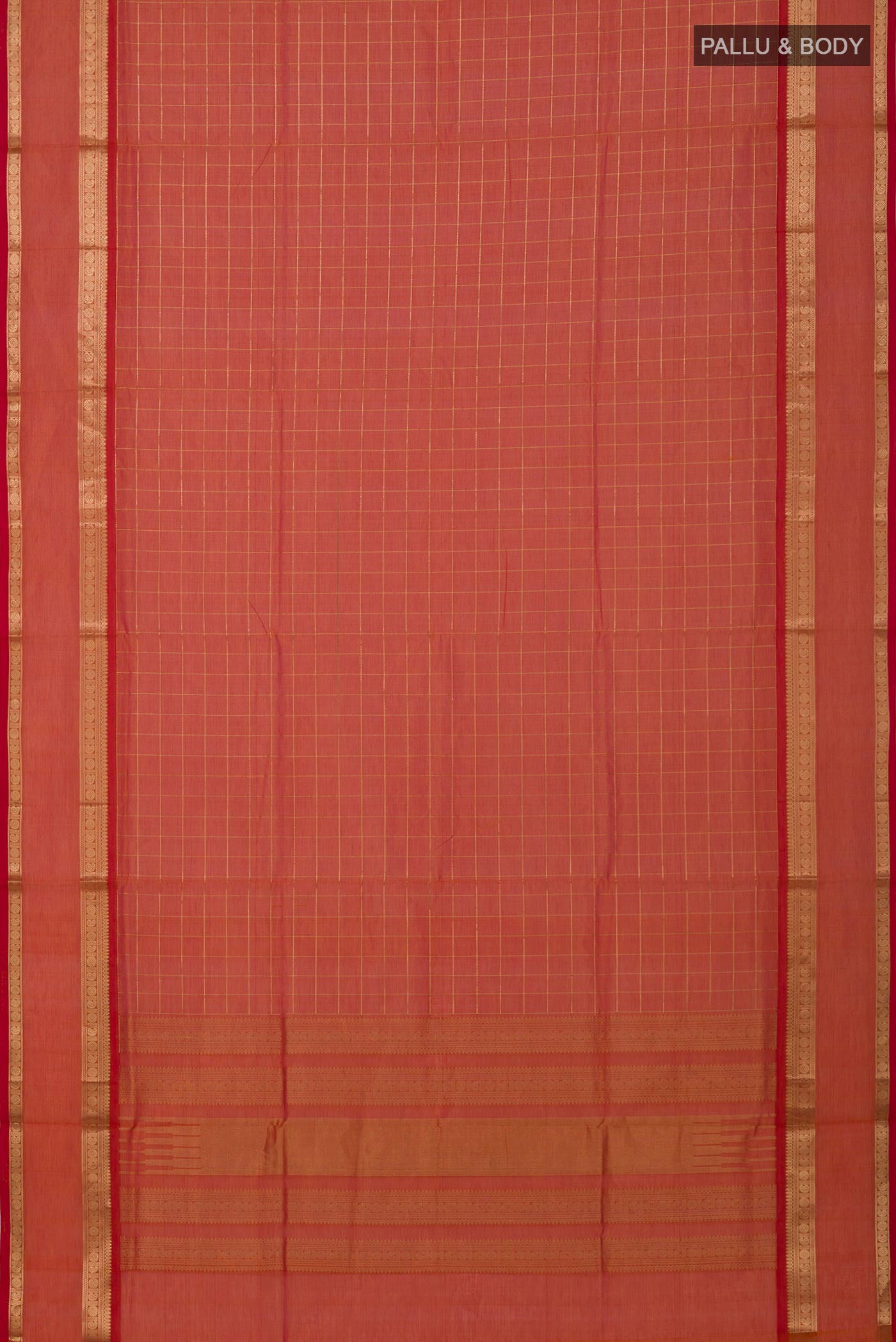 Flat view of Orange Silk Cotton Saree with Checked design on the body and Zari Border. 