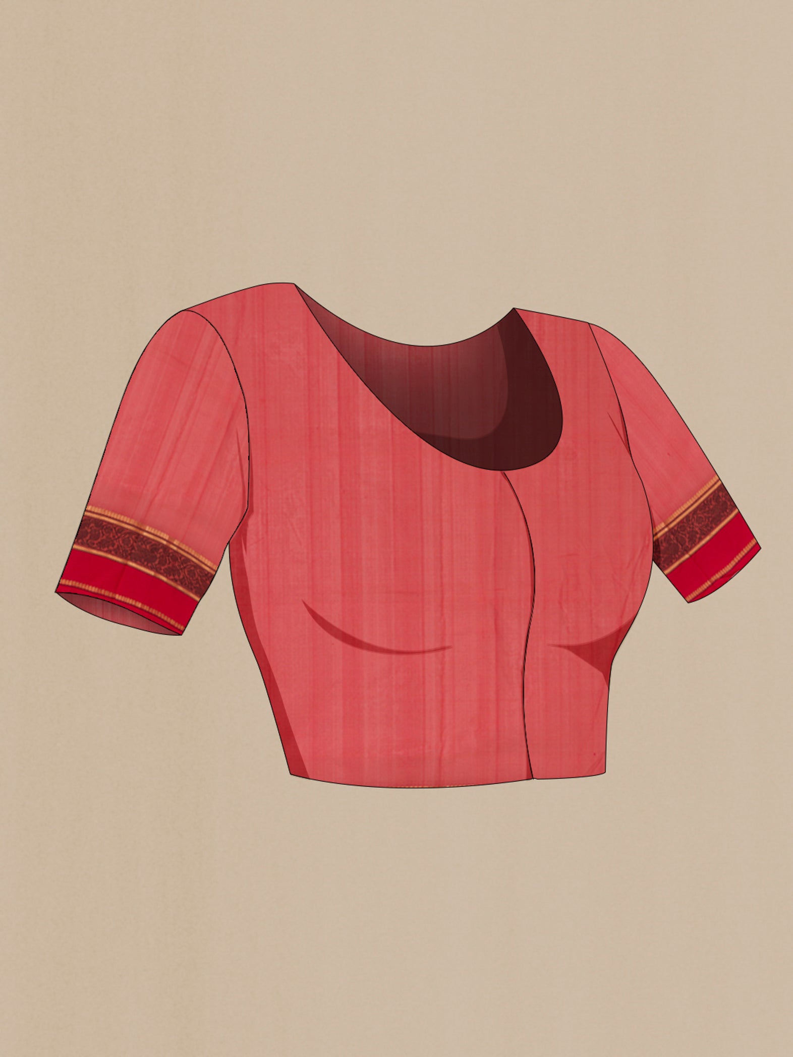 Close up image of the blouse of Coral Silk Cotton Saree with Thread Butta on the body and Thread Border. 