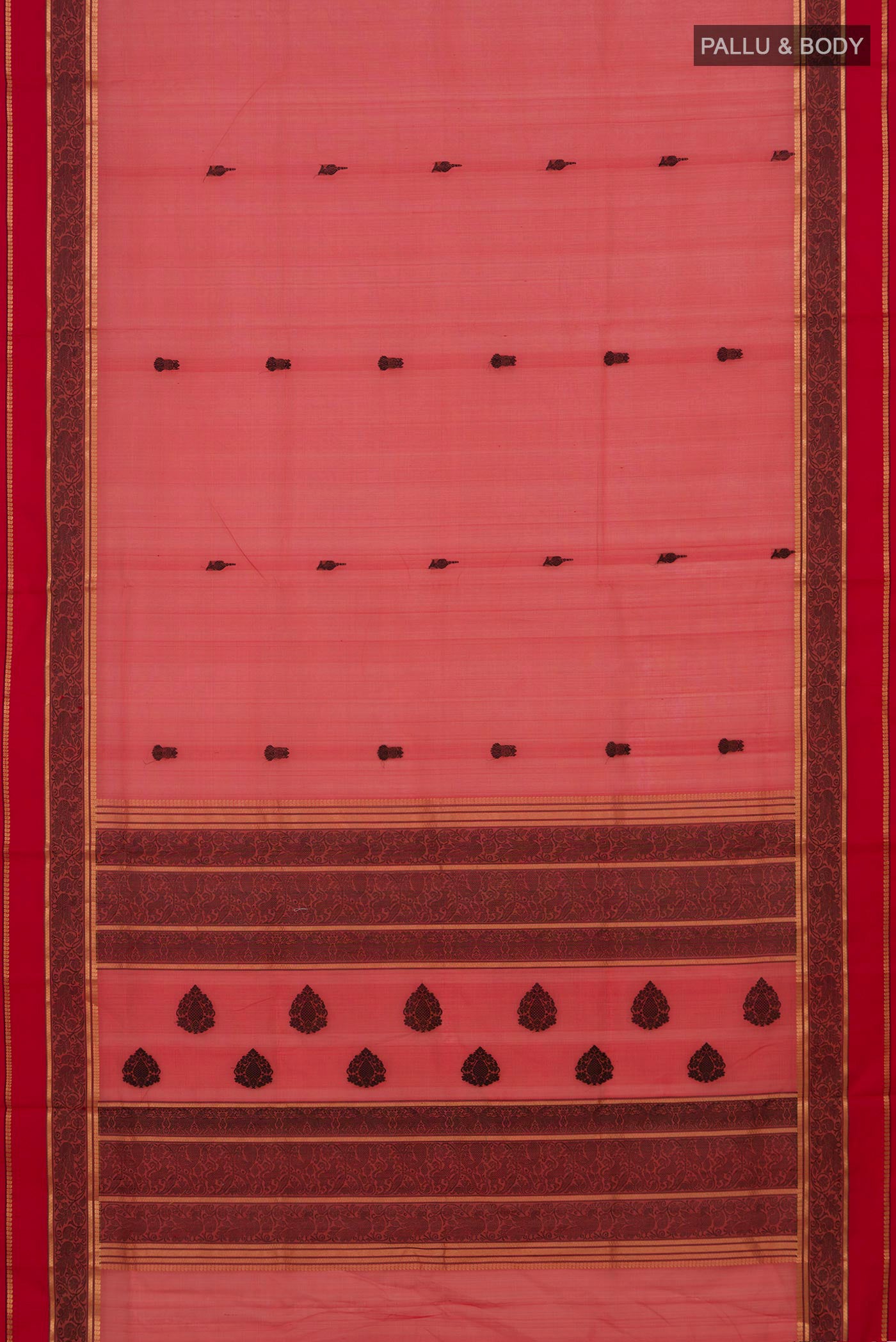 Flat view of Coral Silk Cotton Saree with Thread Butta on the body and Thread Border. 