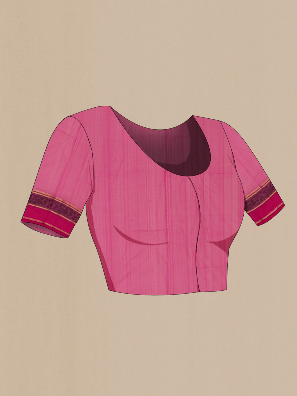 Close up image of the blouse of Pink Silk Cotton Saree with Thread Butta on the body and Thread Border. 
