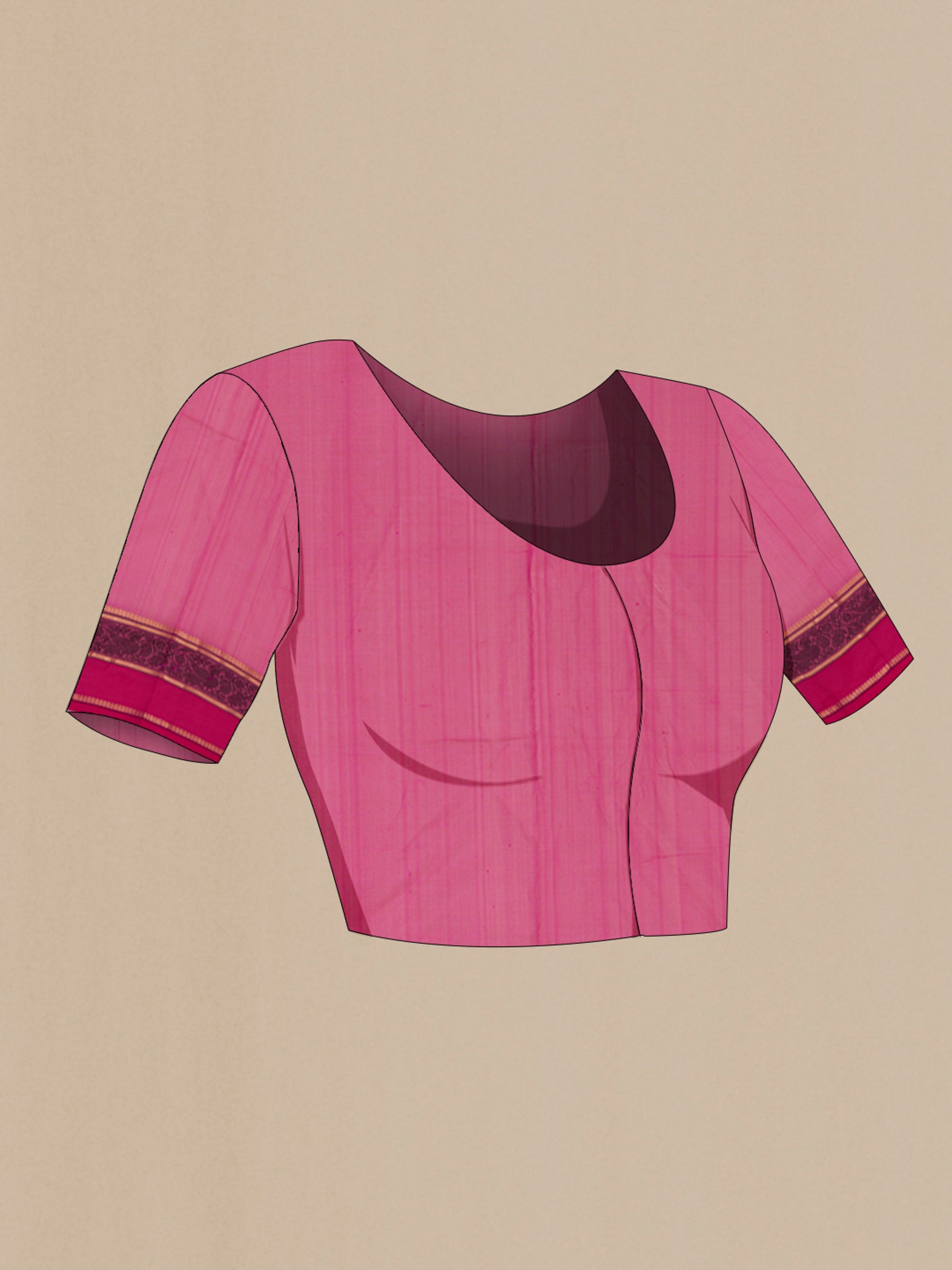 Close up image of the blouse of Pink Silk Cotton Saree with Thread Butta on the body and Thread Border. 