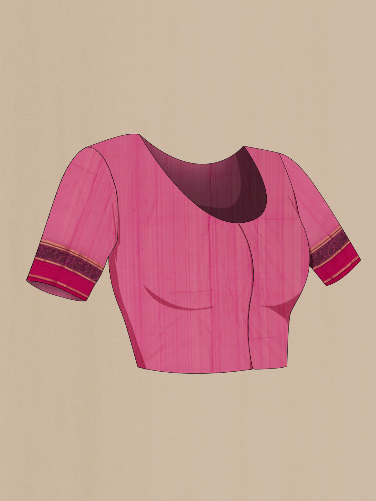 Close up image of the blouse of Pink Silk Cotton Saree with Thread Butta on the body and Thread Border. 