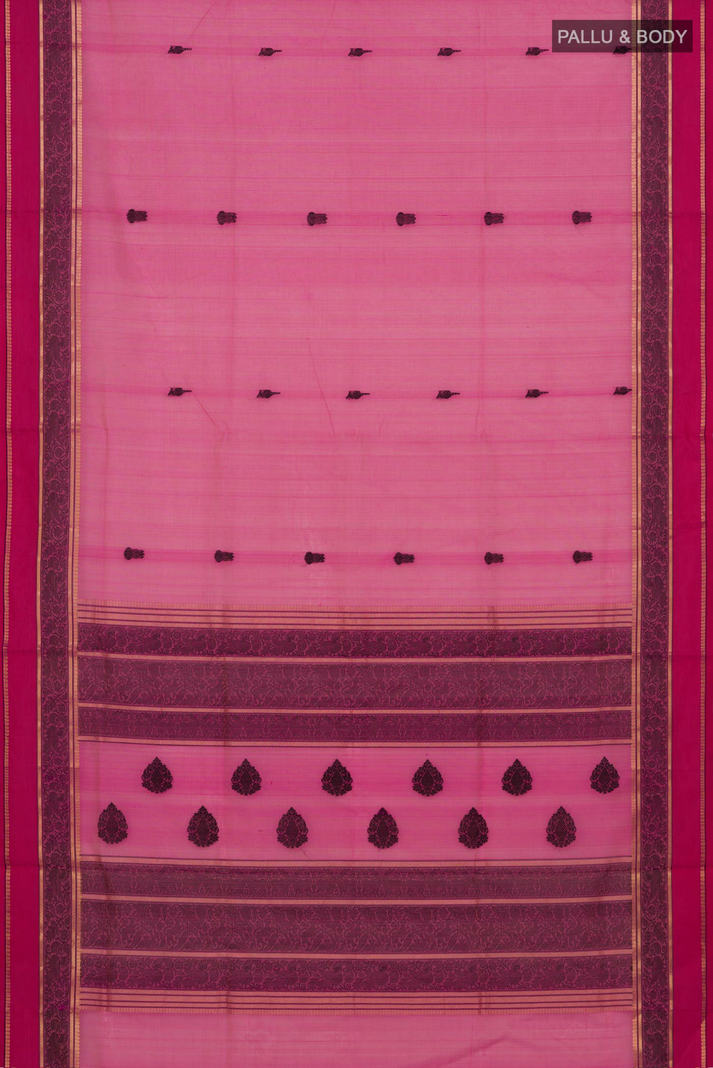 Flat view of Pink Silk Cotton Saree with Thread Butta on the body and Thread Border. 