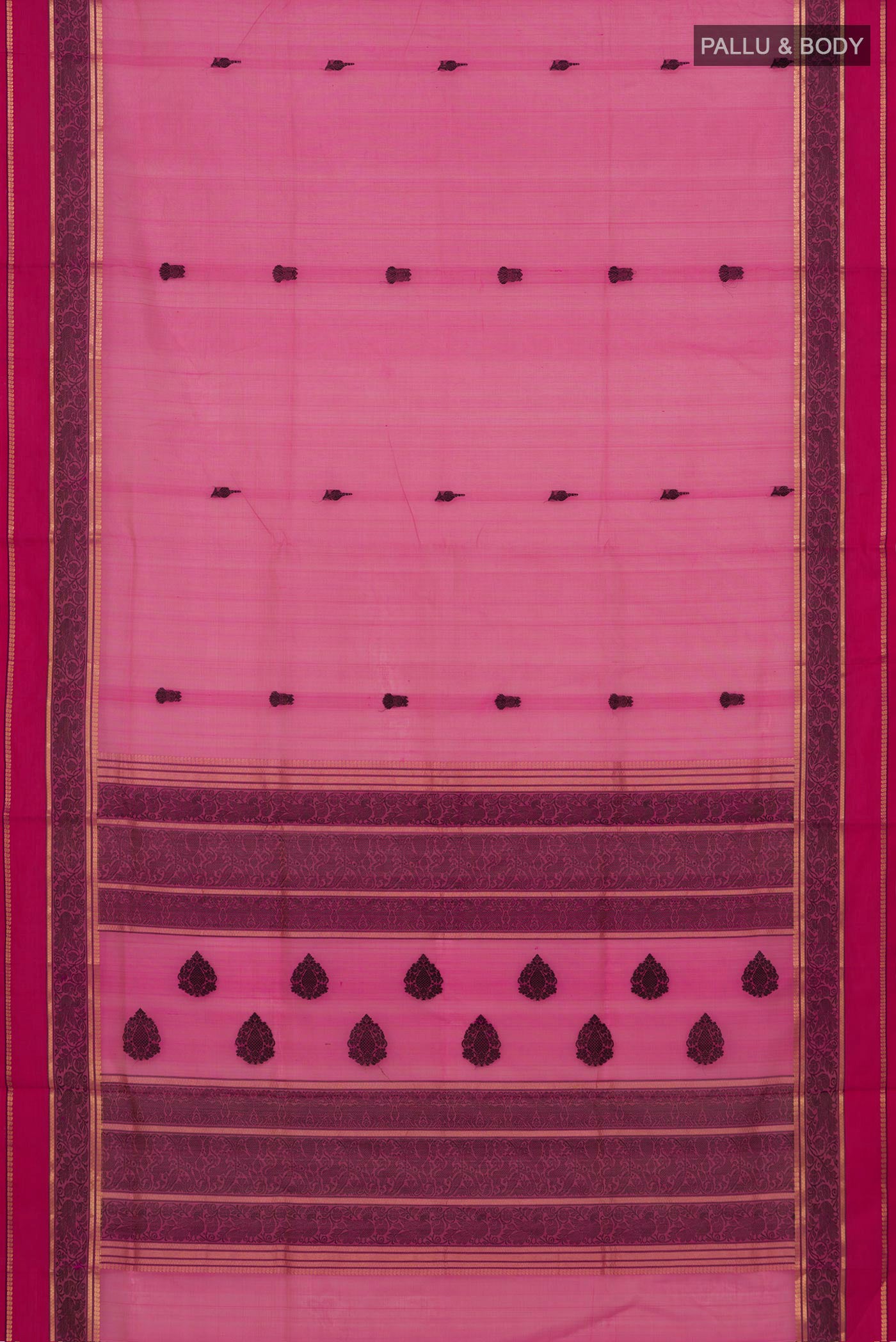 Flat view of Pink Silk Cotton Saree with Thread Butta on the body and Thread Border. 