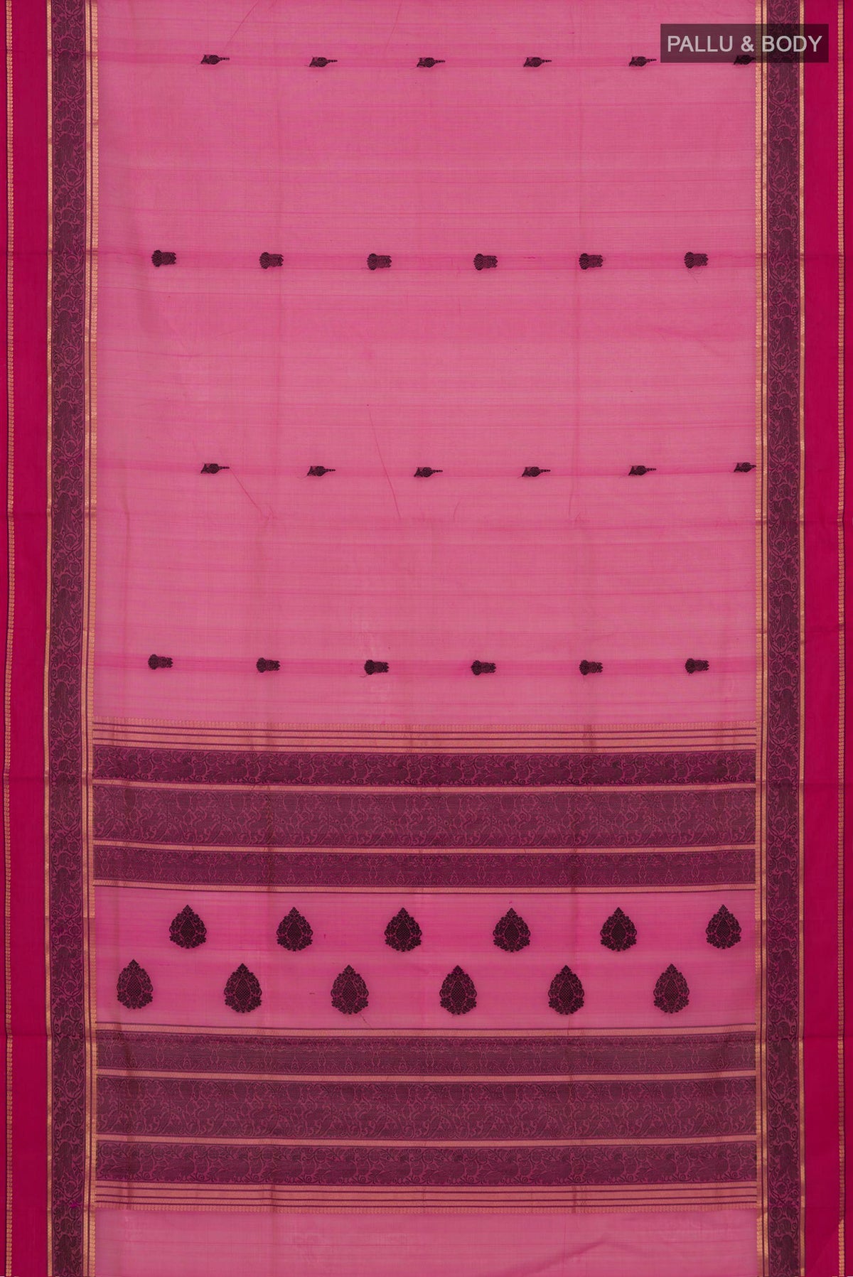 Flat view of Pink Silk Cotton Saree with Thread Butta on the body and Thread Border. 
