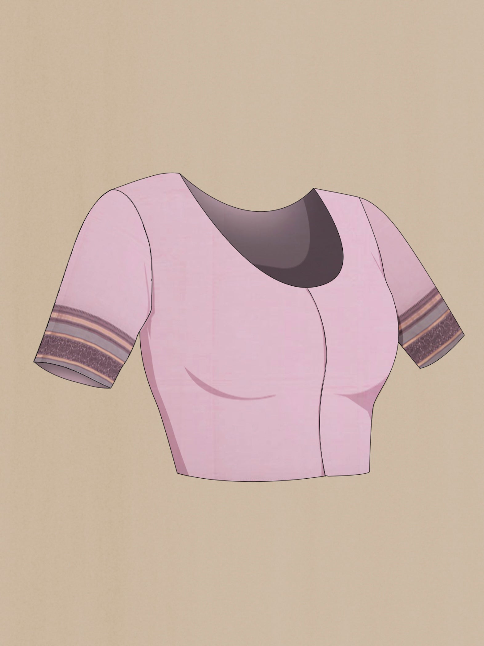 Close up image of the blouse of Pink Silk Cotton Saree with Checked design on the body and Thin Zari Line. 