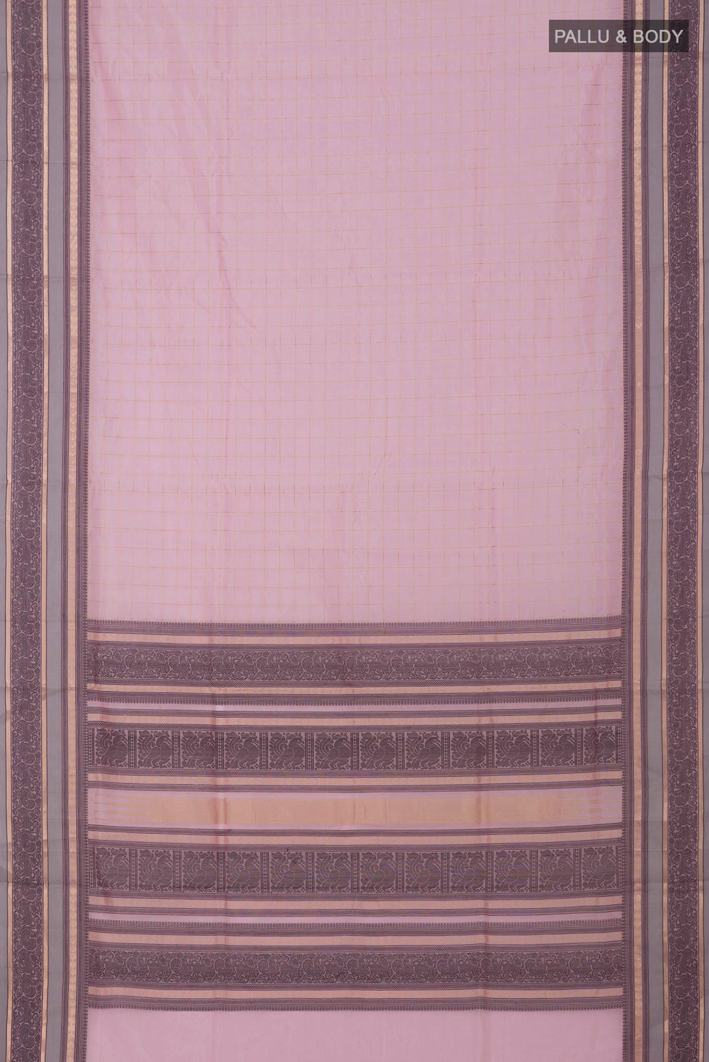 Flat view of Pink Silk Cotton Saree with Checked design on the body and Thin Zari Line. 