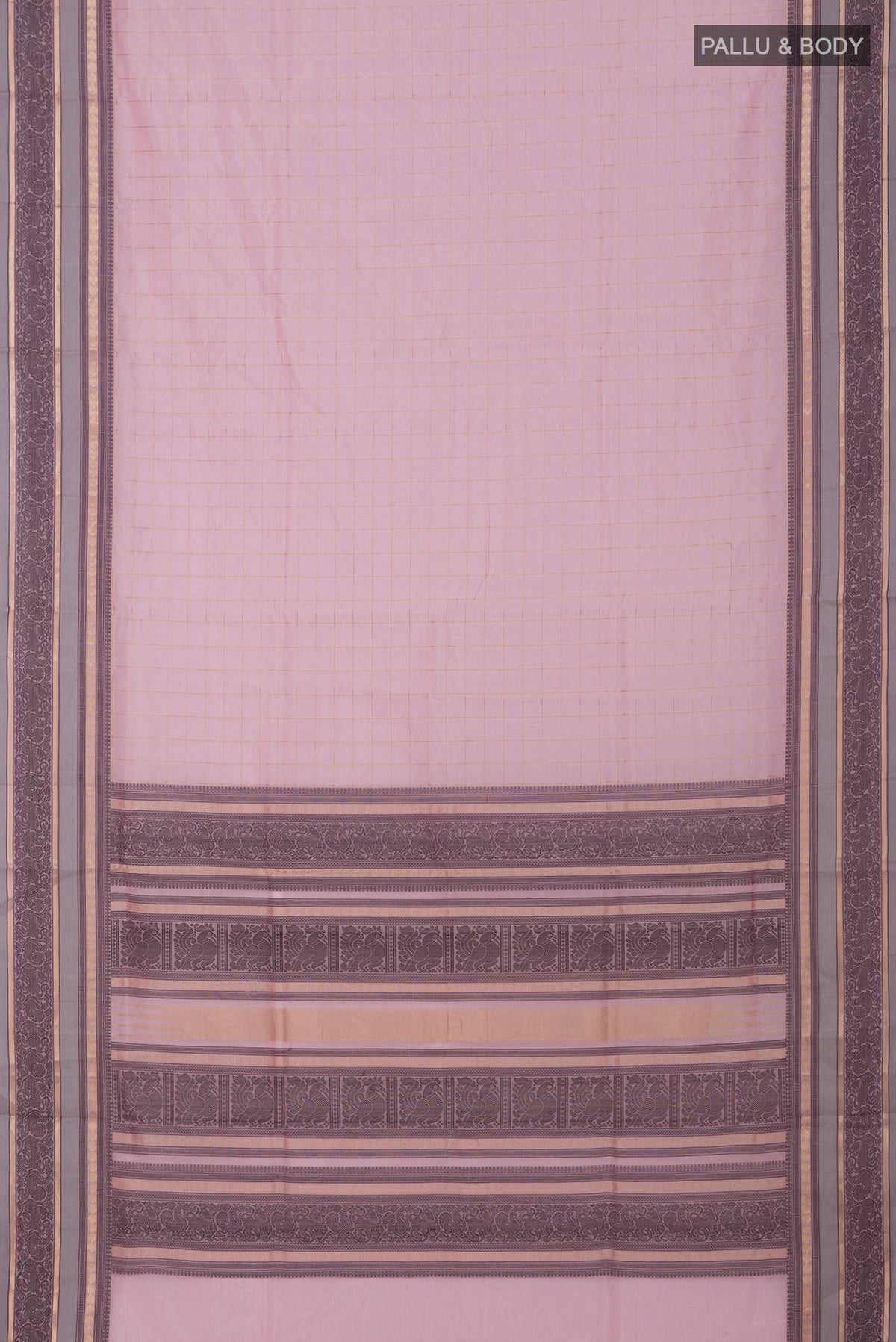 Flat view of Pink Silk Cotton Saree with Checked design on the body and Thin Zari Line. 