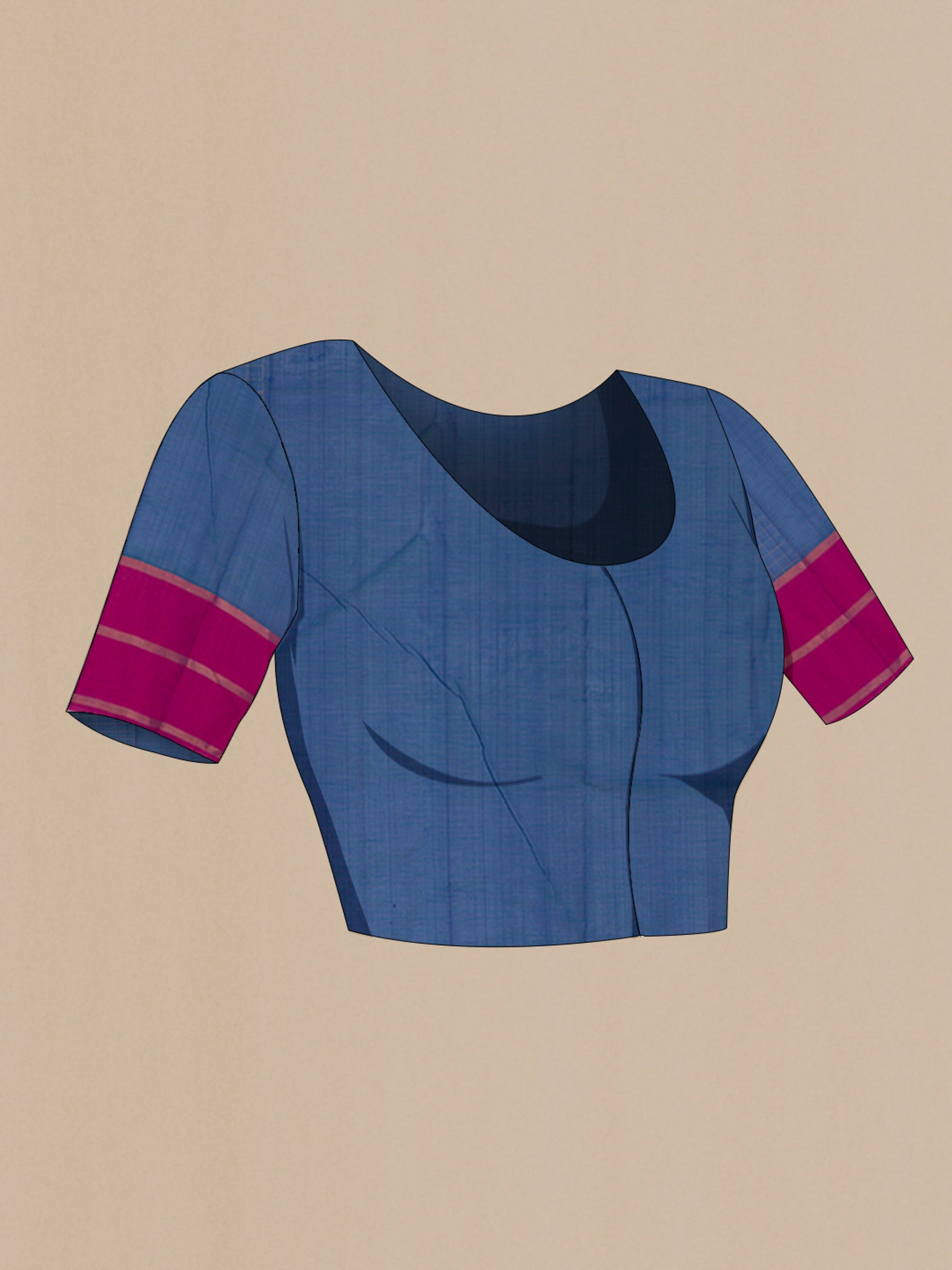 Close up image of the blouse of Blue Silk Cotton Saree with Checked design on the body and Plain Border. 