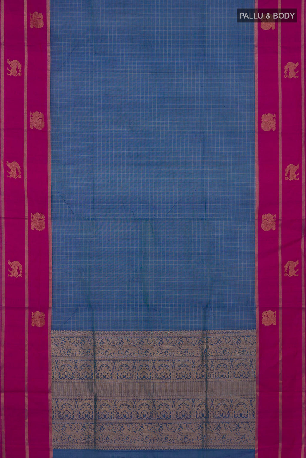Flat view of Blue Silk Cotton Saree with Checked design on the body and Plain Border. 
