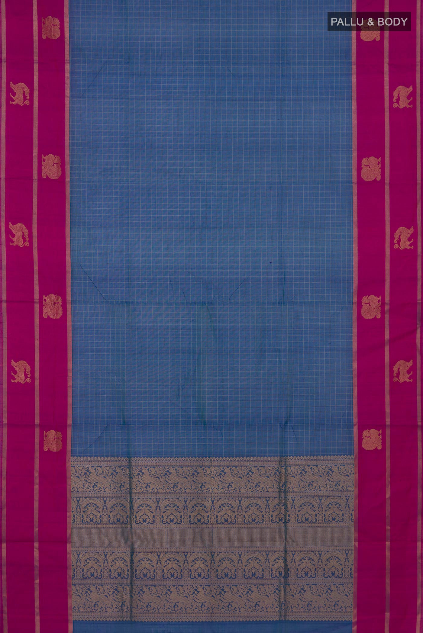 Flat view of Blue Silk Cotton Saree with Checked design on the body and Plain Border. 