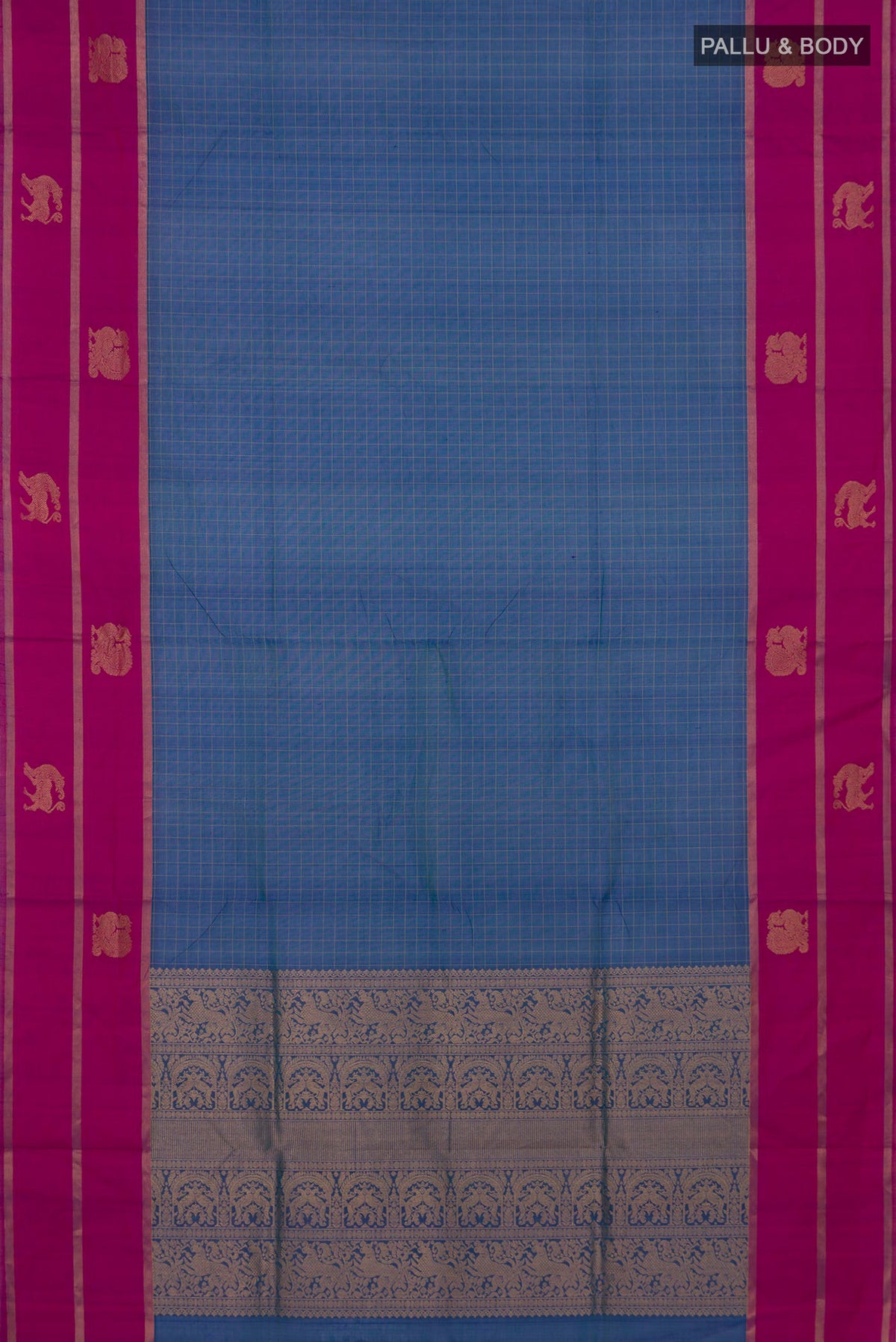 Flat view of Blue Silk Cotton Saree with Checked design on the body and Plain Border. 